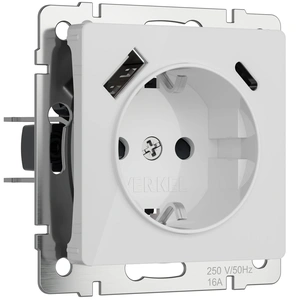 Изображение W1171741/ Розетка с заземлением, шторками и USB тип A+C (белый акрил) W1171741