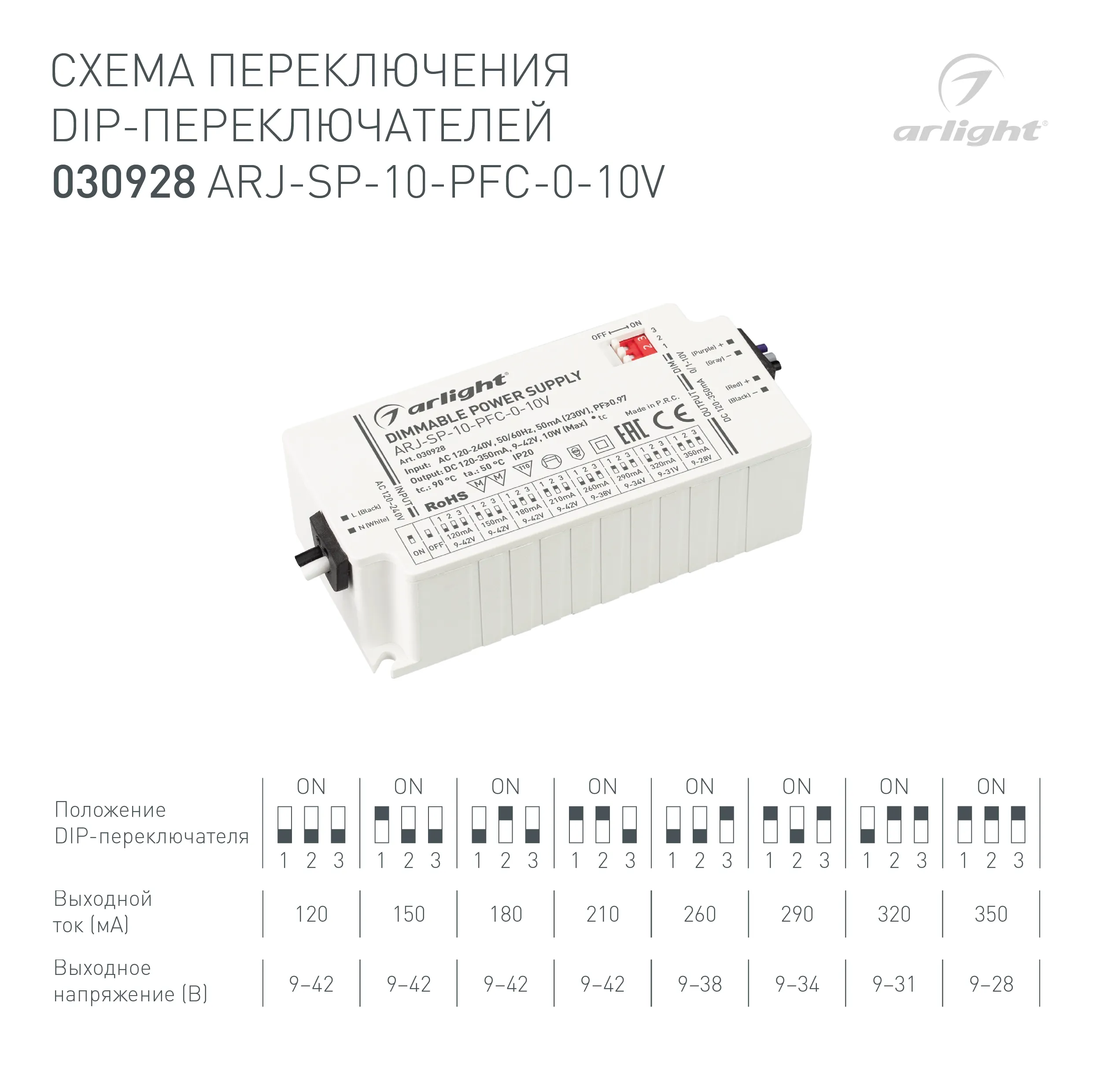 Блок питания ARJ-SP-10-PFC-0-10V (10W, 120-350mA) (Arlight, IP20 Пластик, 5 лет) - Изображение