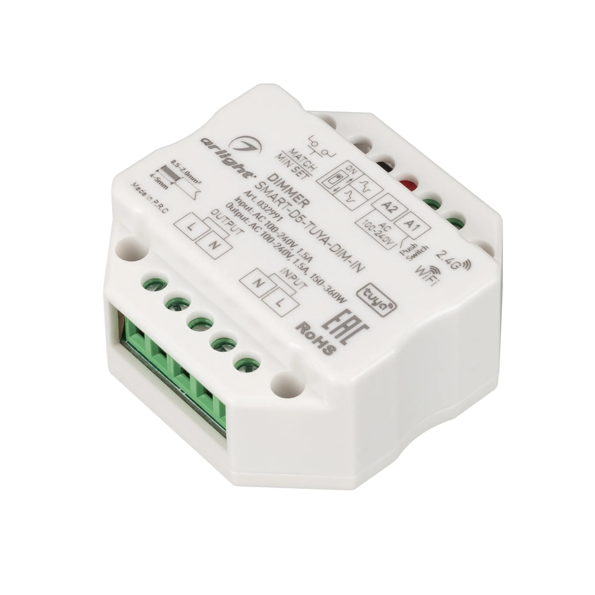 Диммер SMART-D5-TUYA-DIM-IN (230V, 1.5A, TRIAC, WiFi, 2.4G) (Arlight, IP20 Пластик, 5 лет) - Изображение