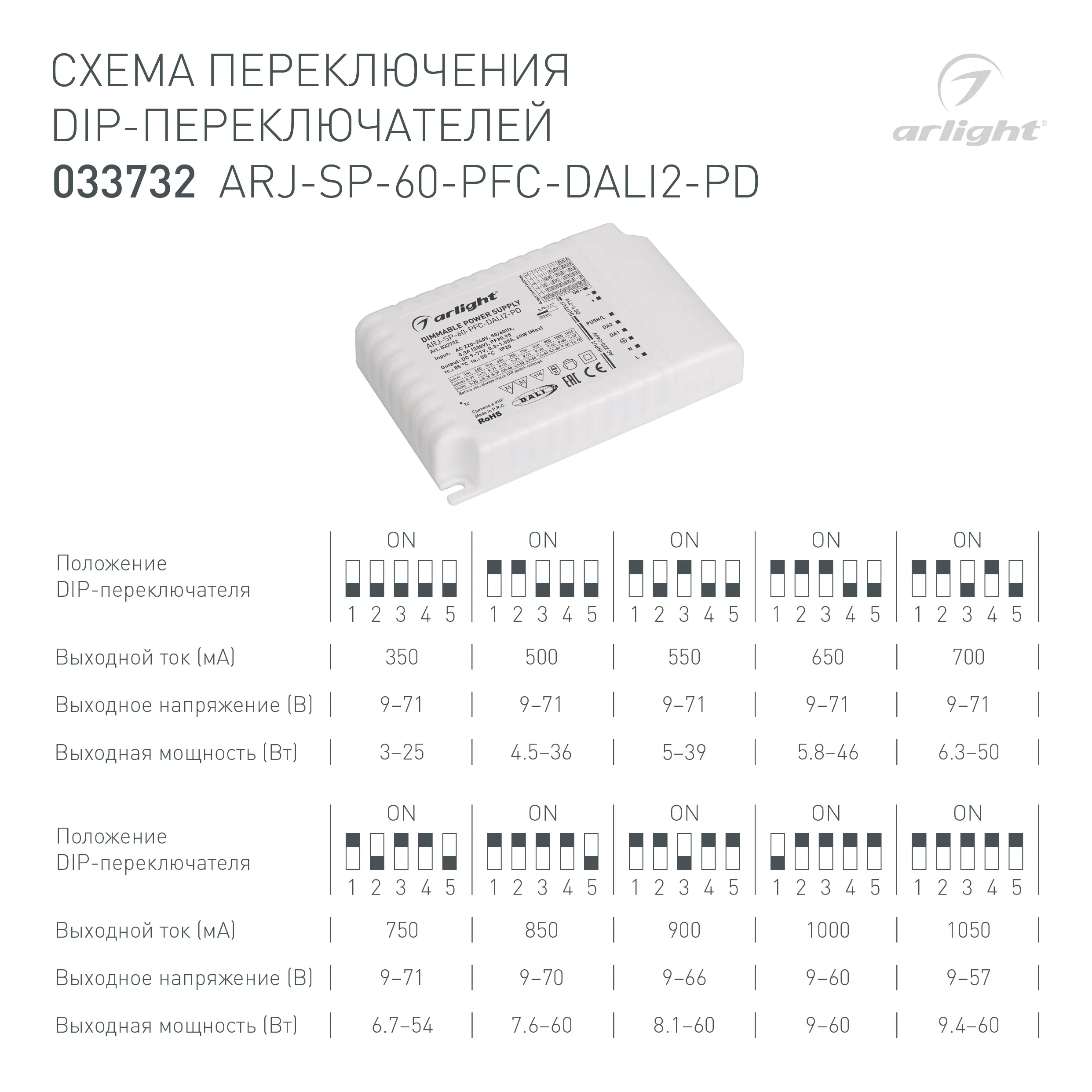 Блок питания ARJ-SP-60-PFC-DALI2-PD (60W, 9-71V, 0.35 -1.05A) (Arlight, IP20 Пластик, 5 лет) - Изображение