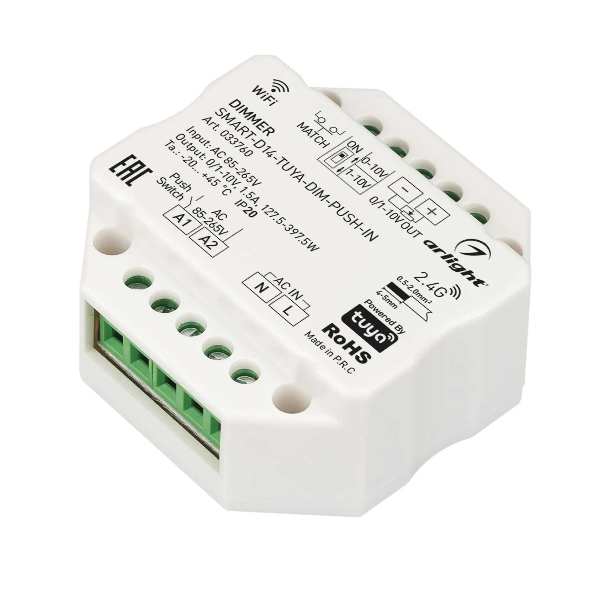 Диммер SMART-D14-TUYA-DIM-PUSH-IN (230V, 1.5A, 0/1-10V, 2.4G) (Arlight, IP20 Пластик, 5 лет) - Изображение