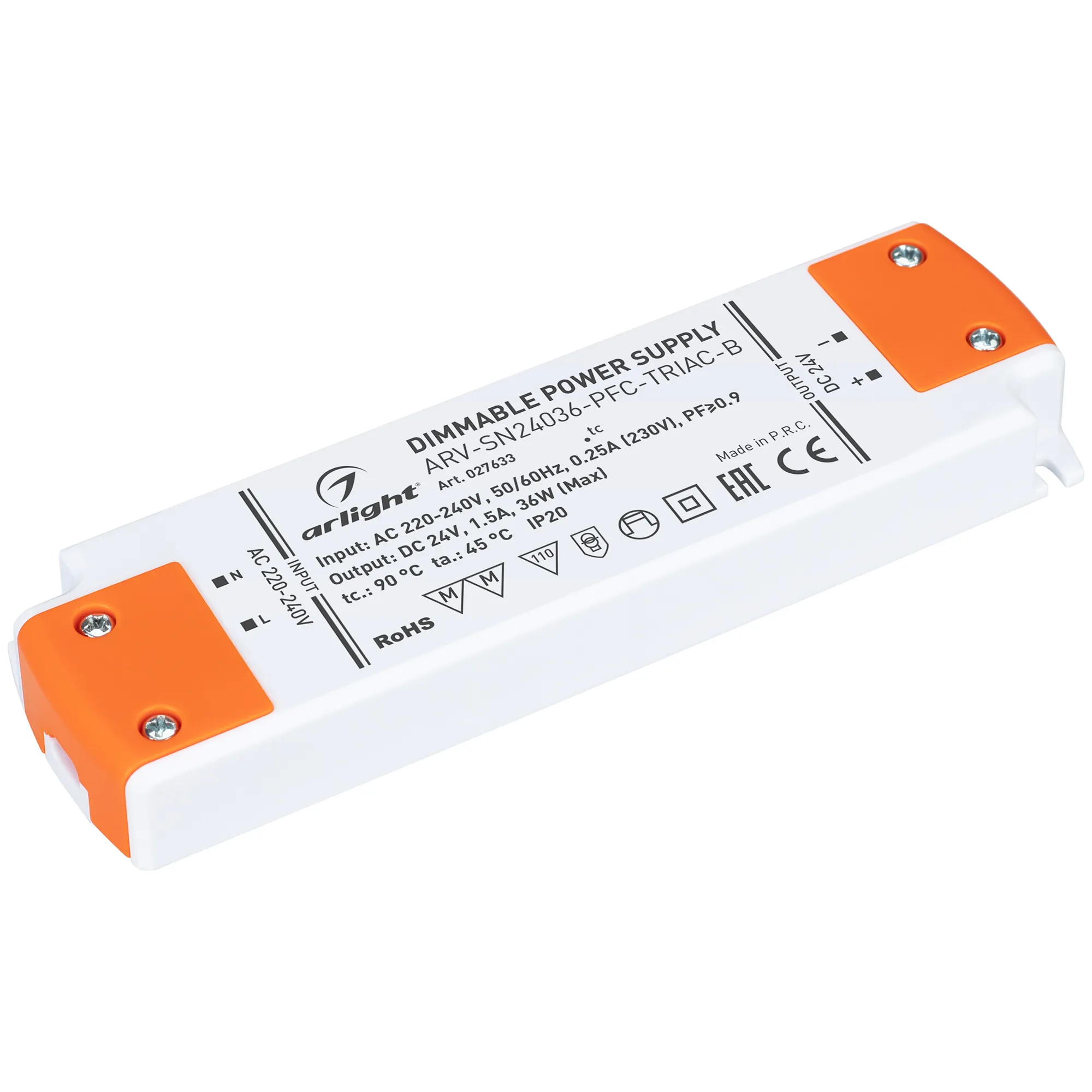 Блок питания ARV-SN24036-PFC-TRIAC-B (24V, 1.5A, 36W) (Arlight, IP20 Пластик, 3 года) - Изображение