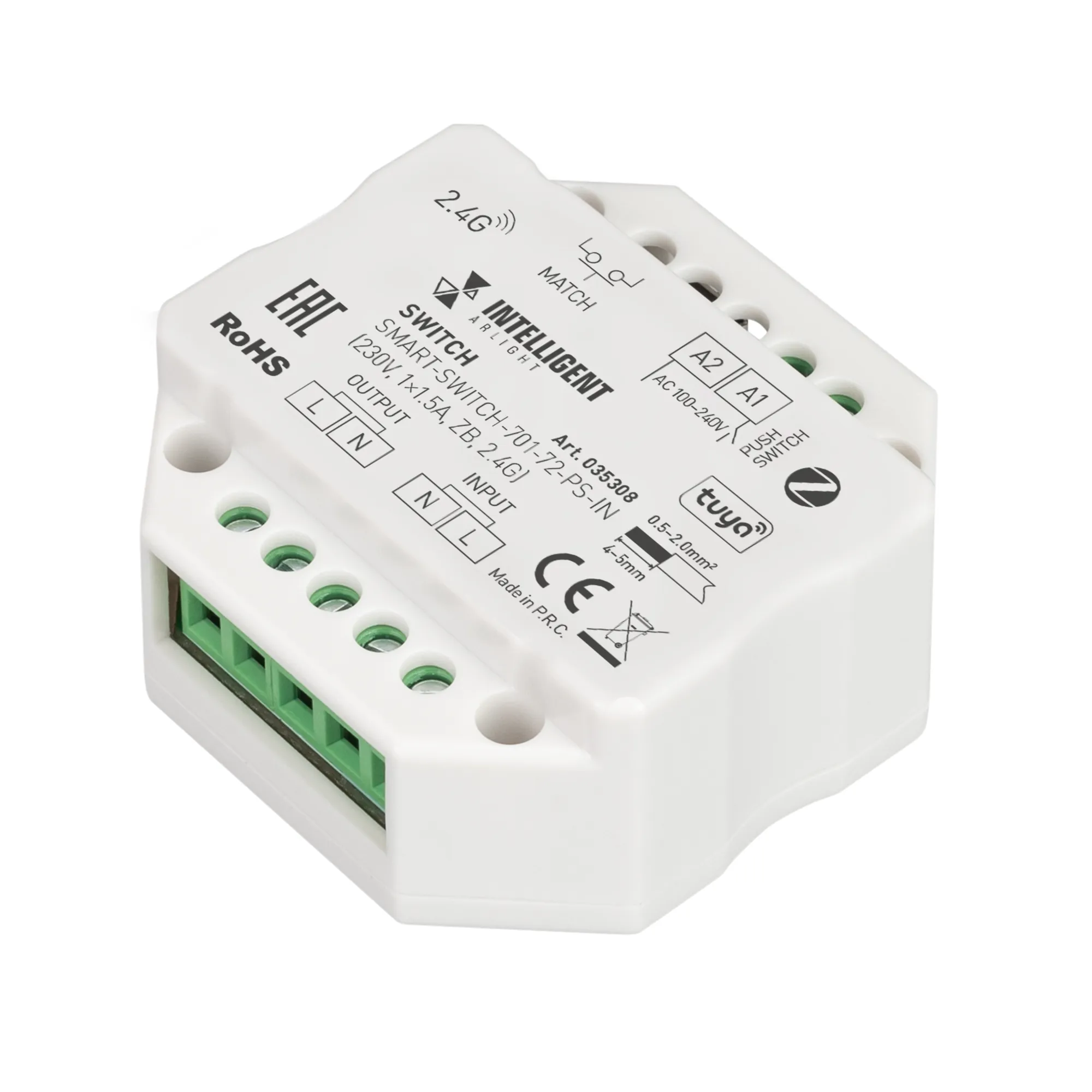 INTELLIGENT ARLIGHT Релейный модуль SMART-SWITCH-701-72-PS-IN (230V, 1x1.5A, ZB, 2.4G) (IARL, Пластик) - Изображение