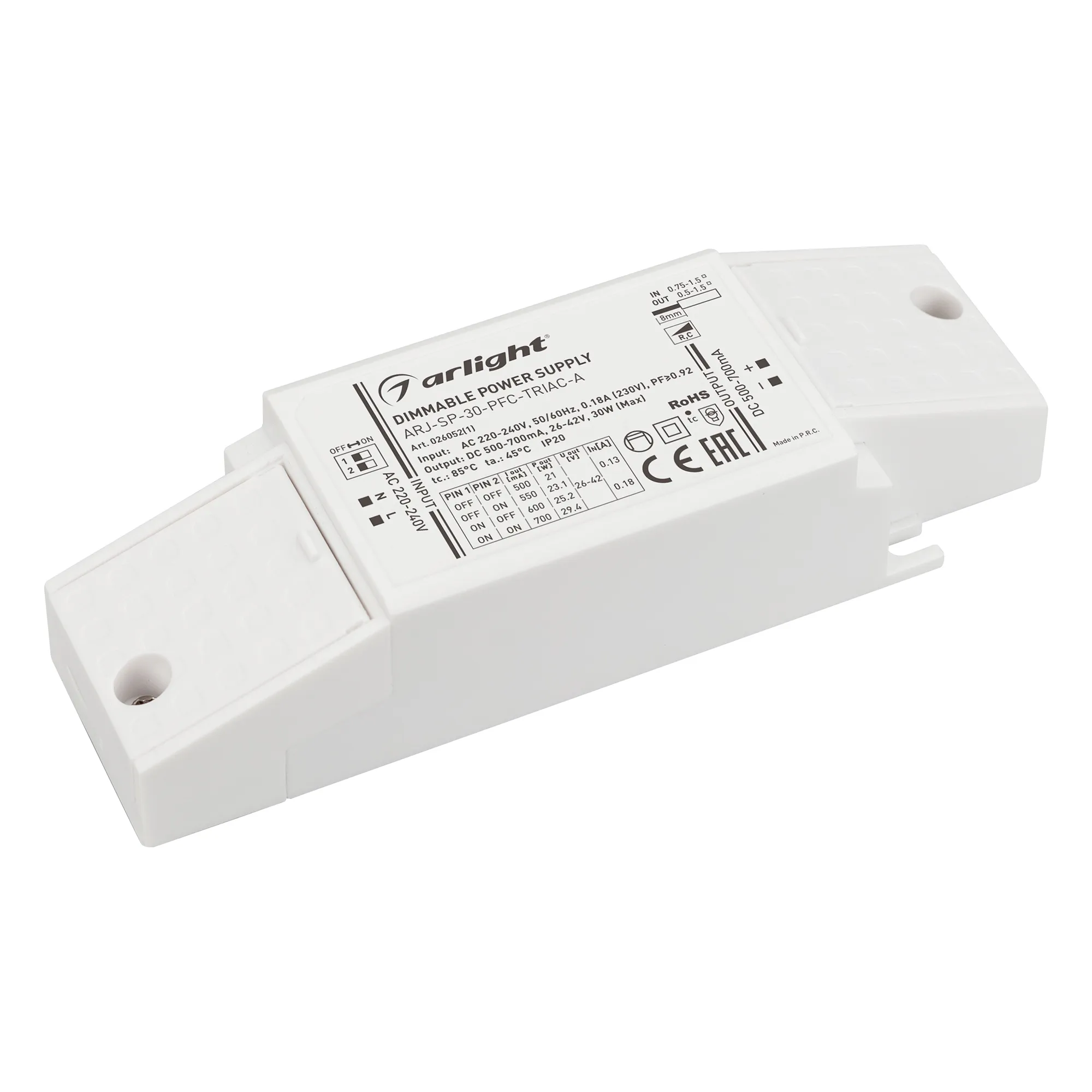Блок питания ARJ-SP-30-PFC-TRIAC-INS (30W, 26-42V, 0.5-0.7A) (Arlight, IP20 Пластик, 5 лет) - Изображение