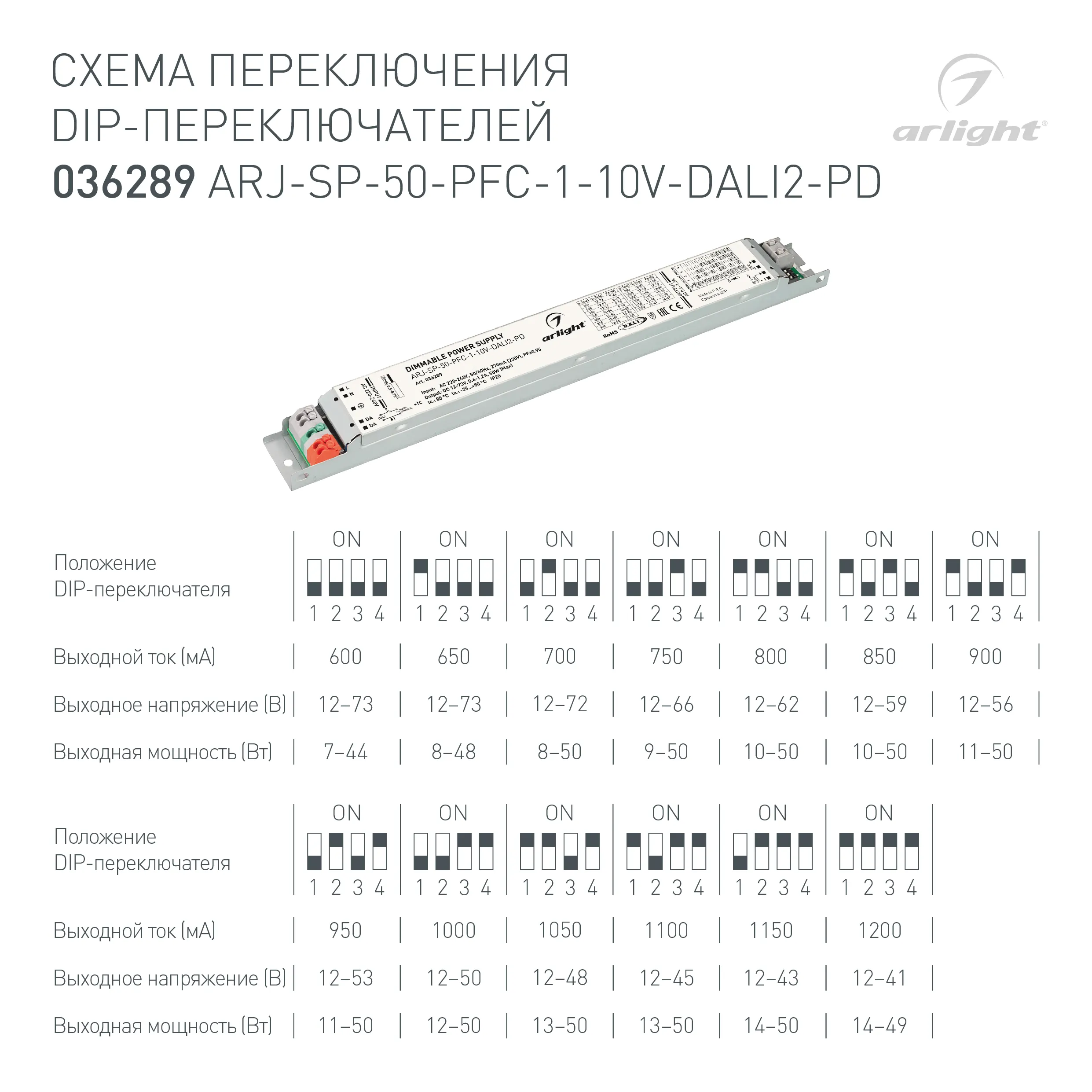 Блок питания ARJ-SP-50-PFC-1-10V-DALI2-PD (50W, 12-73V, 0.6-1.2A) (Arlight, IP20 Металл, 5 лет) - Изображение