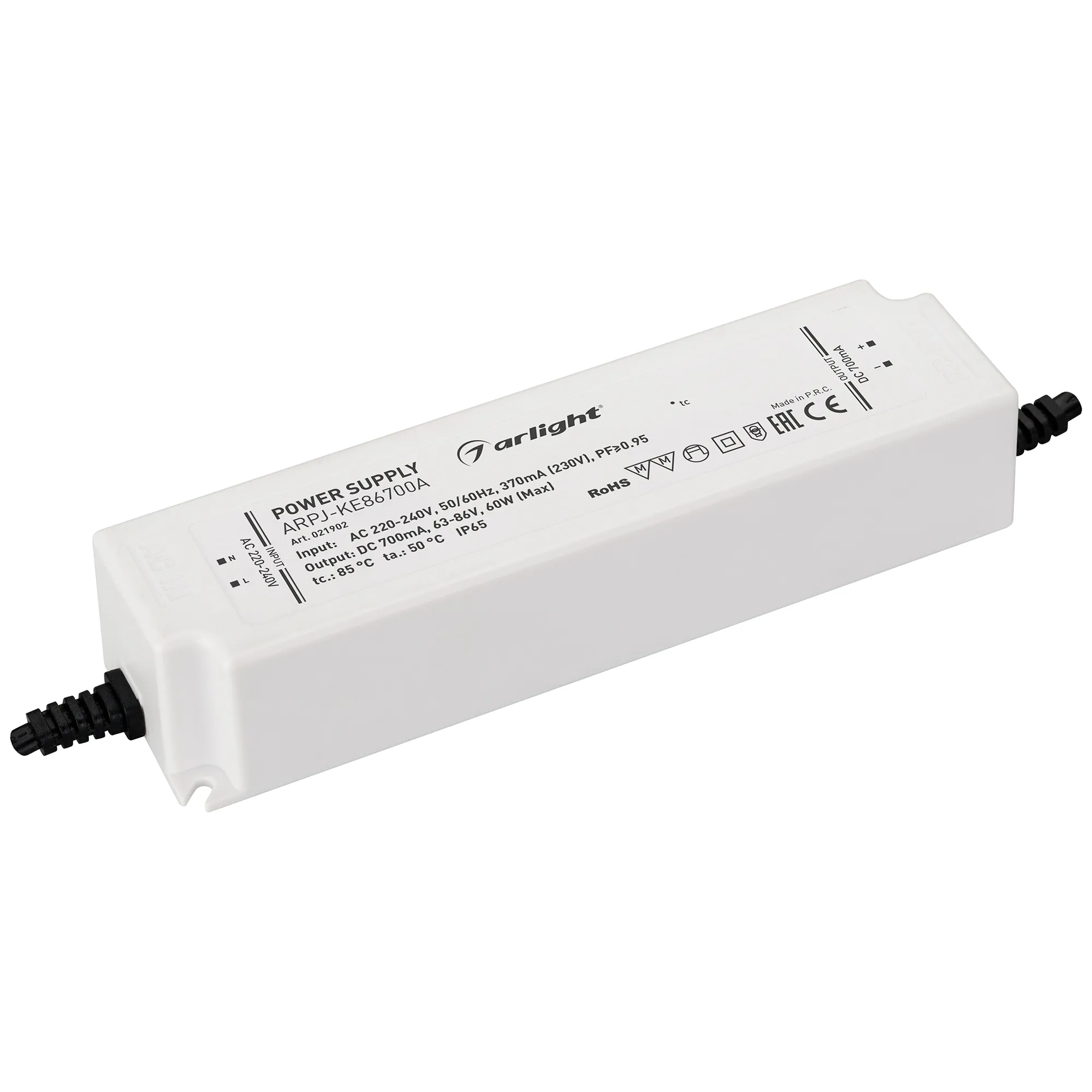 Блок питания ARPJ-KE86700A (60W, 700mA, PFC) (Arlight, IP65 Пластик, 5 лет) - Изображение