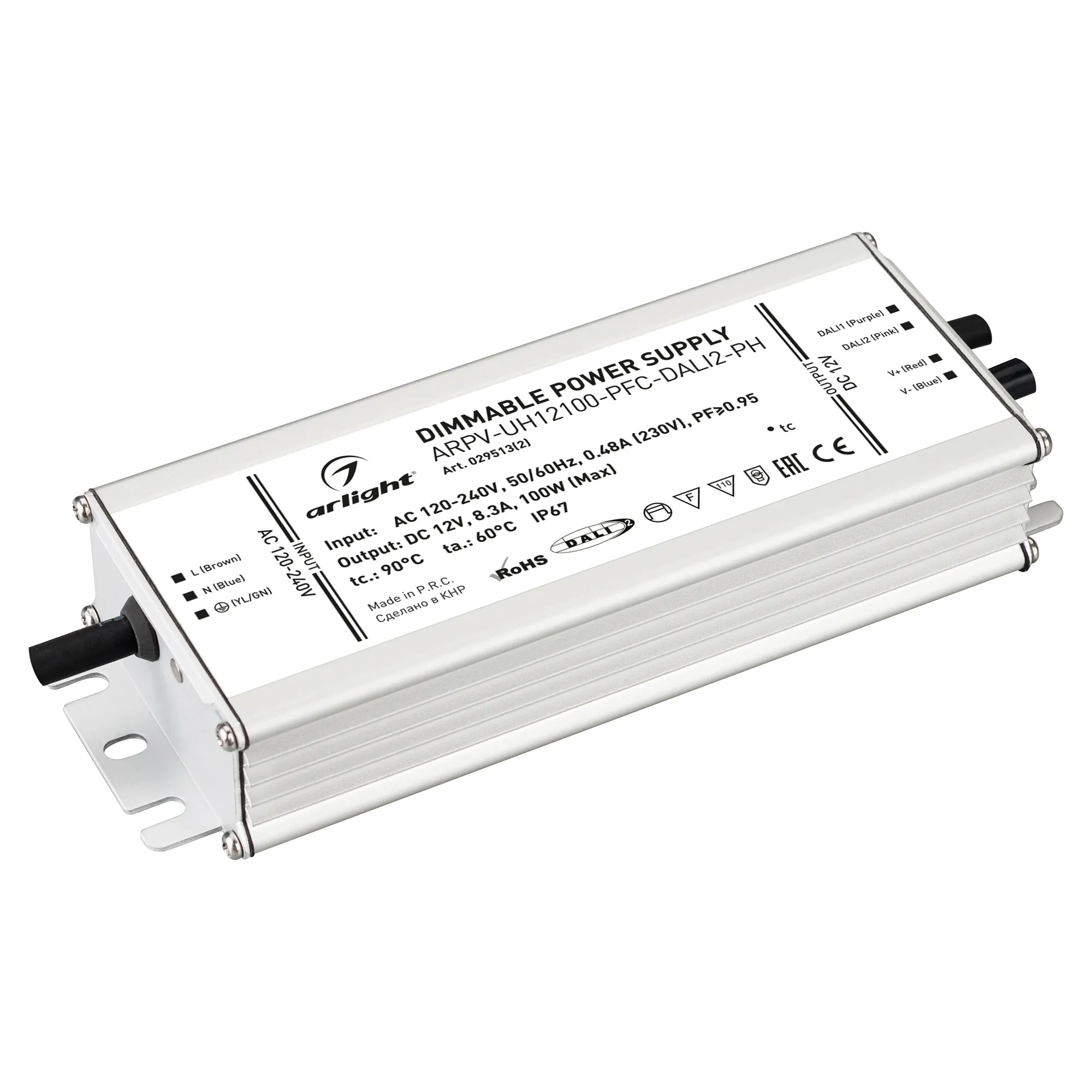 Блок питания ARPV-UH12100-PFC-DALI2-PH (12V, 8.3A, 100W) (Arlight, IP67 Металл, 7 лет) - Изображение