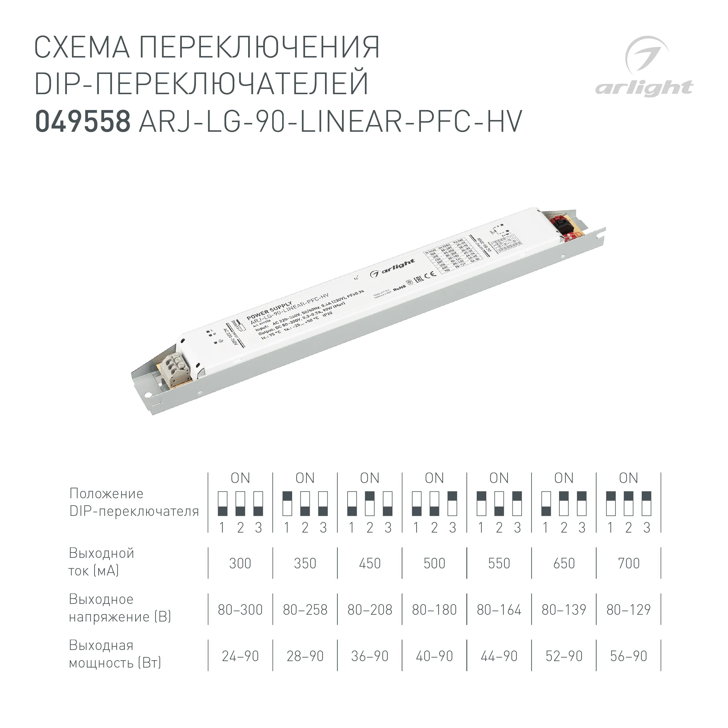 Блок питания ARJ-LG-90-LINEAR-PFC-HV (90W, 80-300V, 0.3-0.7A) (Arlight, IP20 Металл, 5 лет) - Изображение