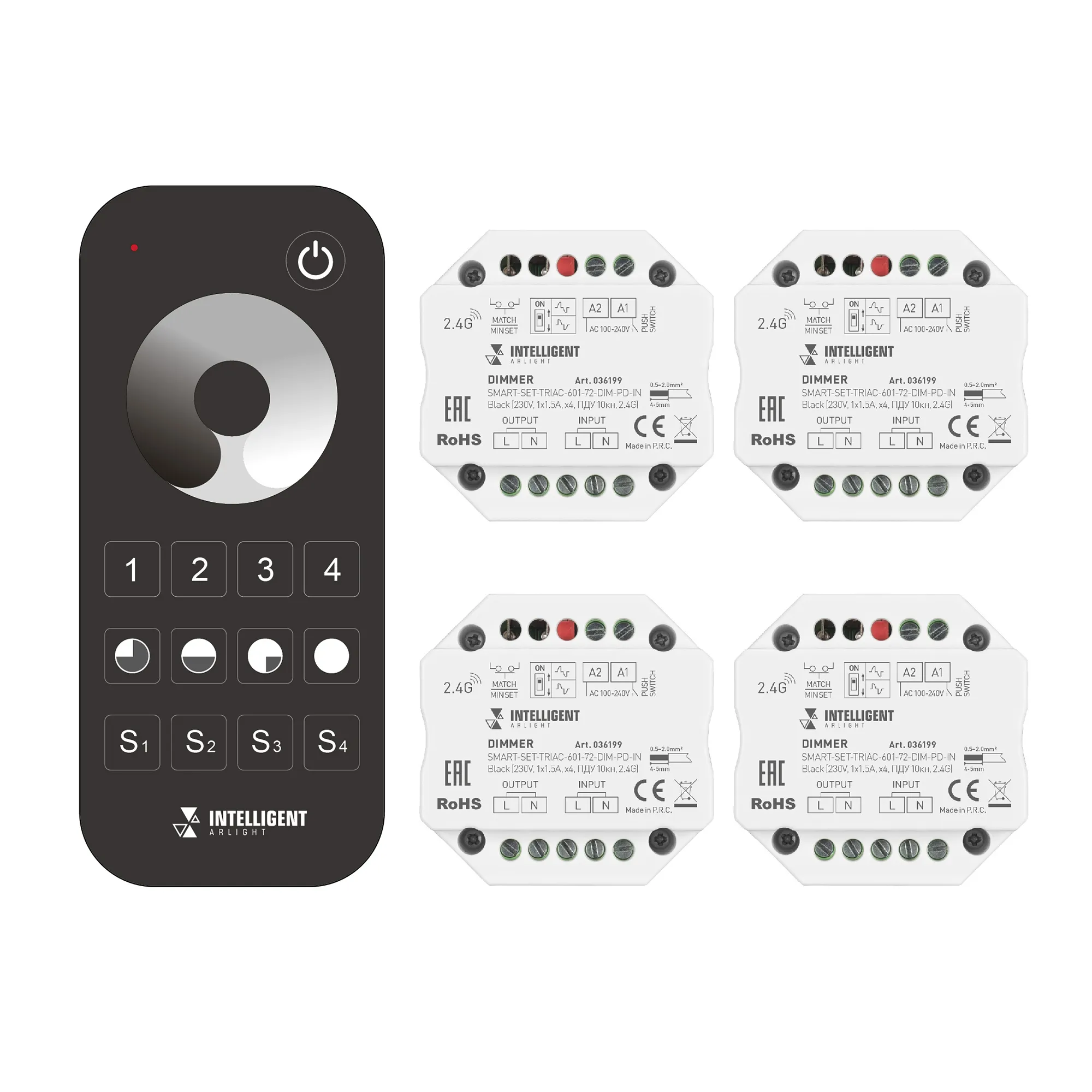 INTELLIGENT ARLIGHT Диммер SMART-SET-TRIAC-601-72-DIM-PD-IN Black (230V, 1x1.5A, x4, ПДУ 10кн, 2.4G) (IARL, IP20 Пластик, 5 лет) - Изображение