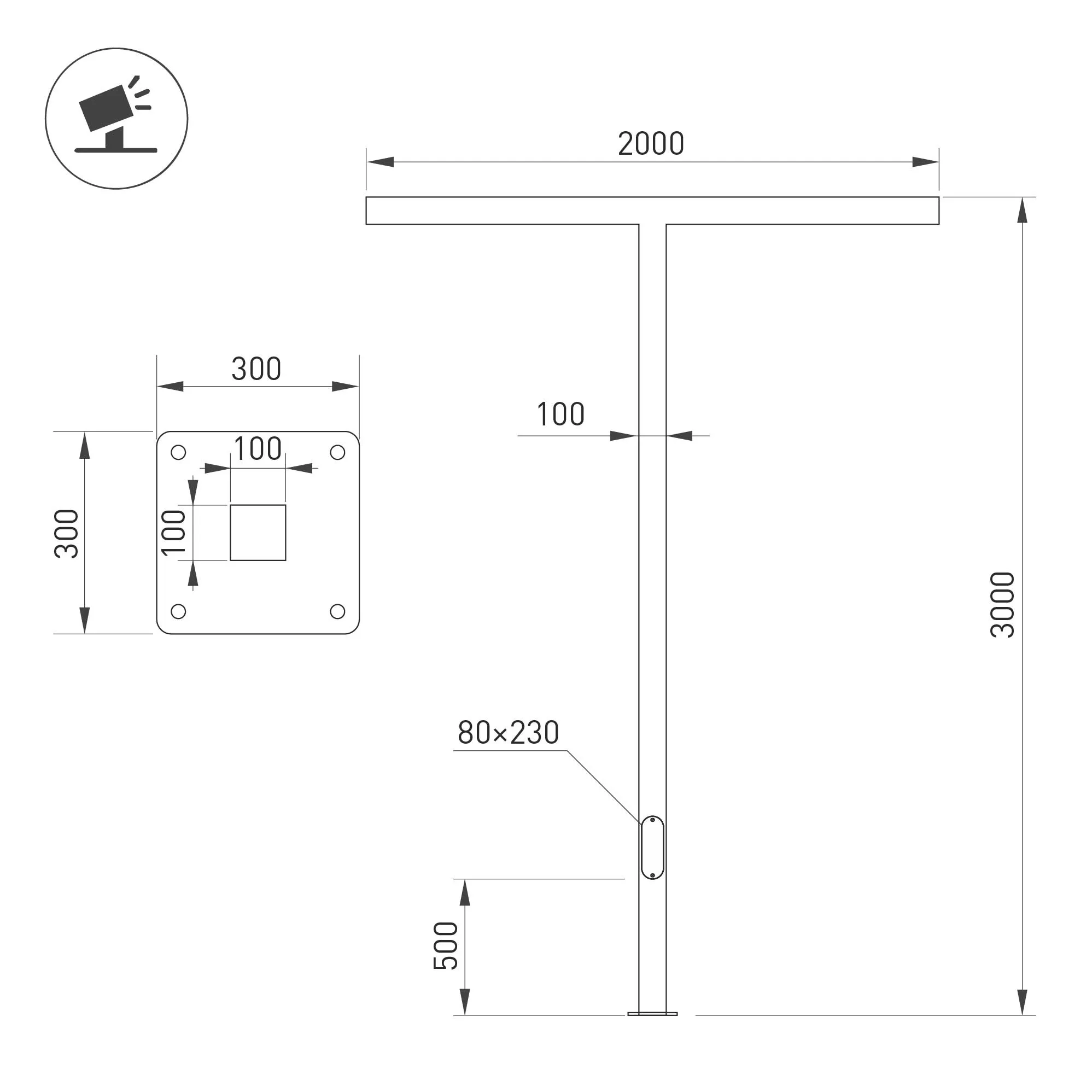 Опора OXOR-STER-T-2000x100x100-L3000-50W Warm3000 (BK, 230V) IP65 (Arlight, Сталь) - Изображение