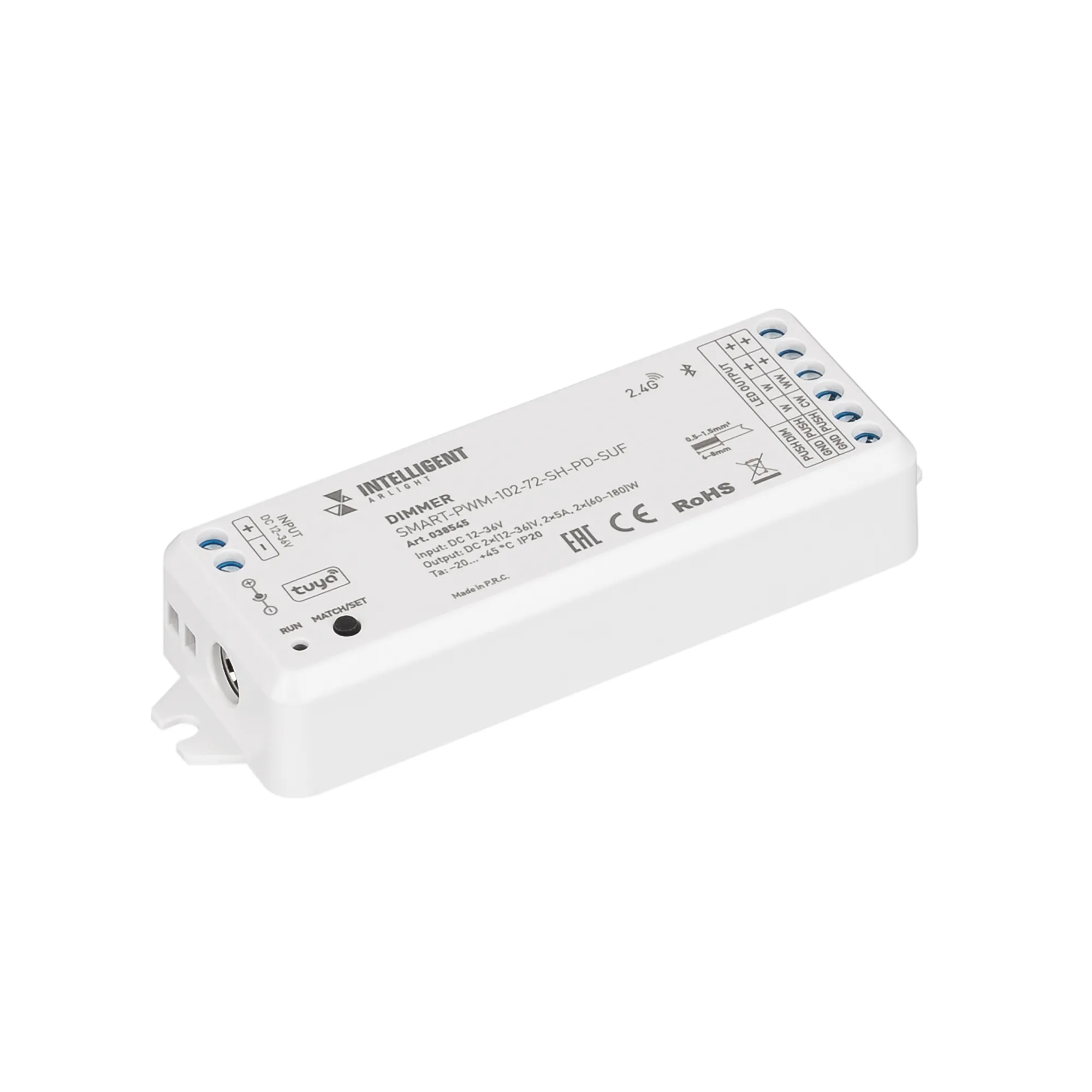 INTELLIGENT ARLIGHT Диммер SMART-PWM-102-72-SH-PD-SUF (12-36V, 2x5A, TUYA BLE, 2.4G) (IARL, IP20 Пластик, 5 лет) - Изображение