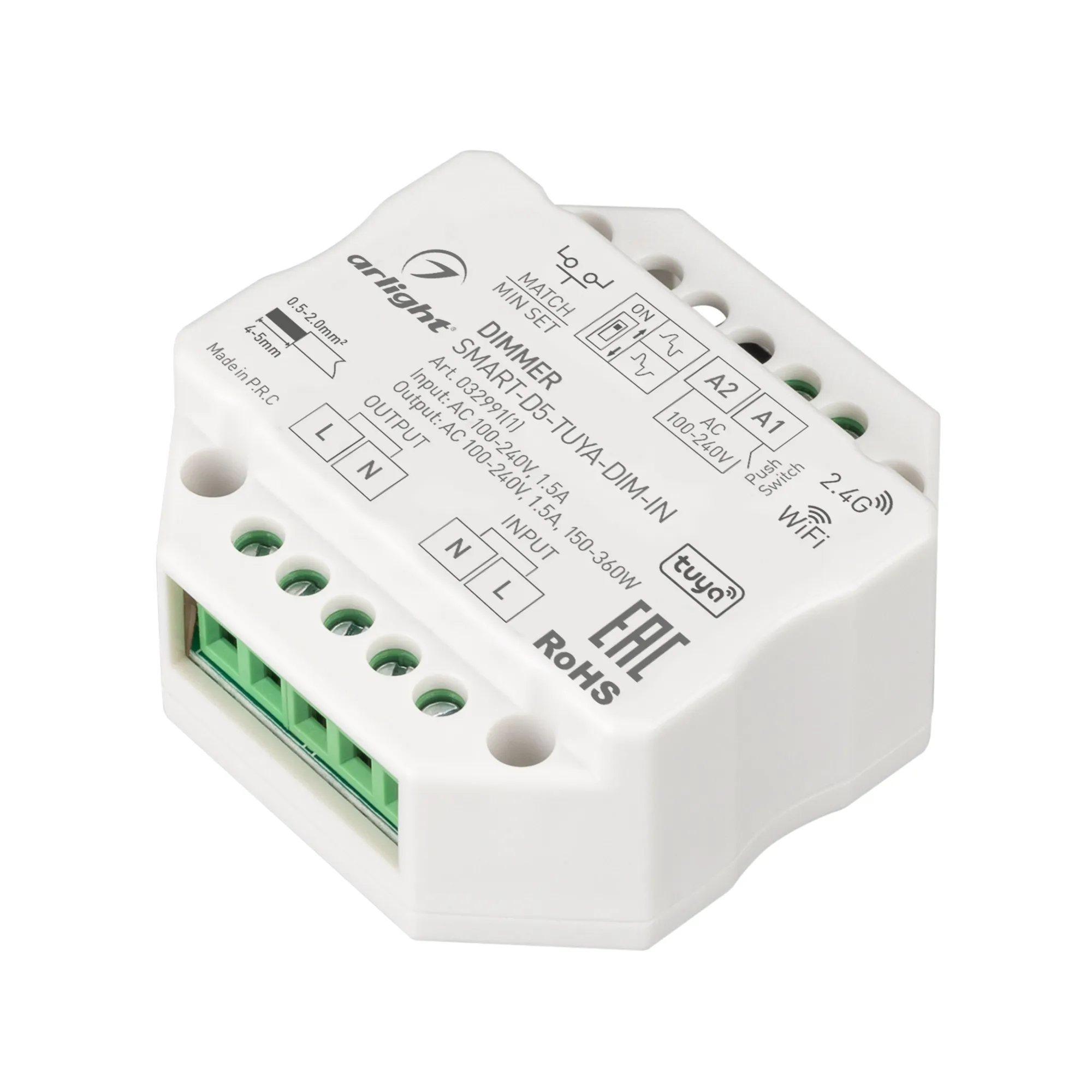 Диммер SMART-D5-TUYA-DIM-IN (230V, 1.5A, TRIAC, WiFi, 2.4G) (Arlight, IP20 Пластик, 5 лет) - Изображение