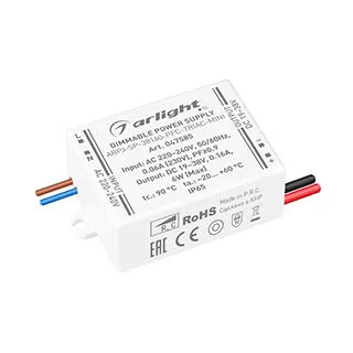 Блок питания ARPJ-SP-38160-PFC-TRIAC-MINI (6W, 19-38V, 160mA) (Arlight, IP65 Пластик, 5 лет) - Изображение