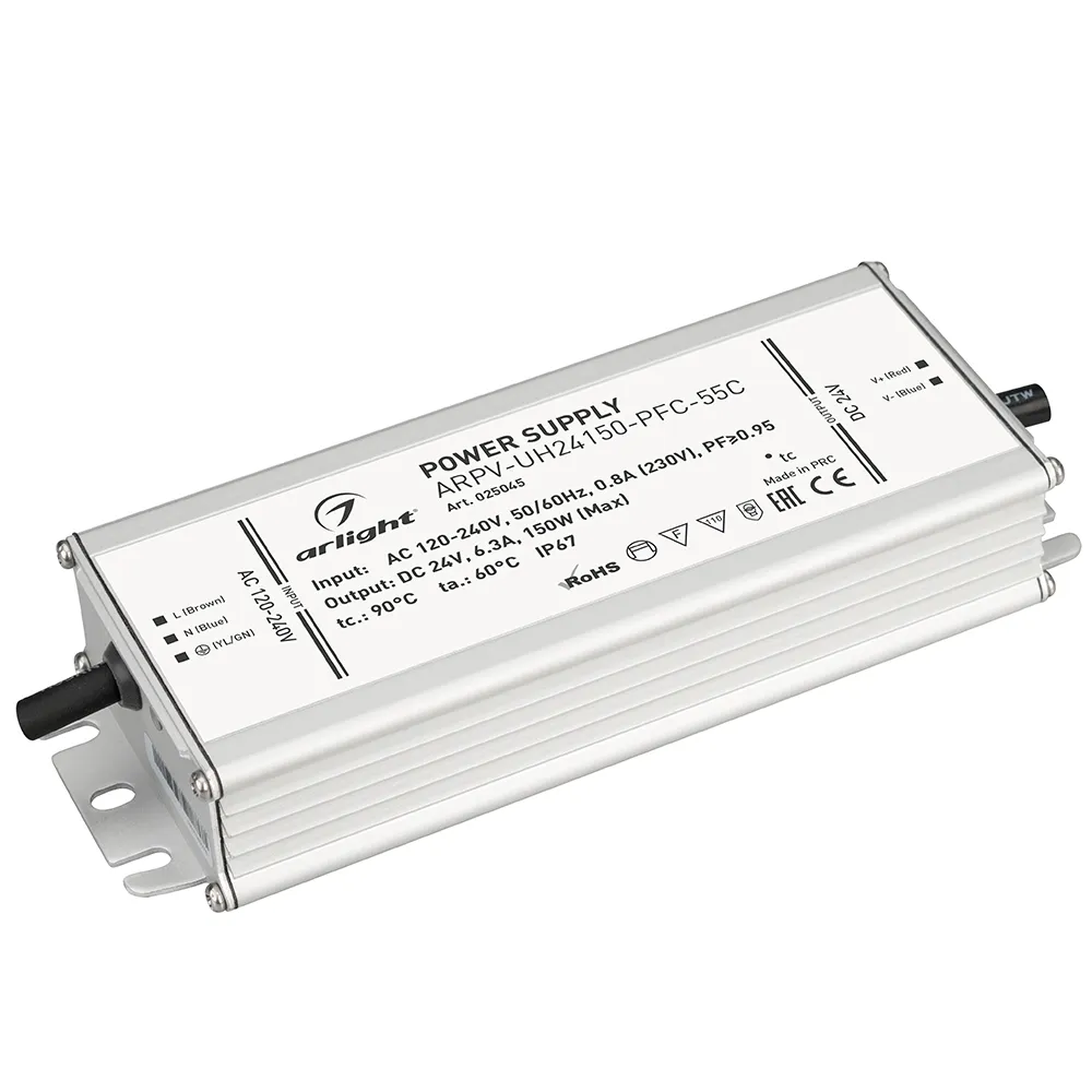 Блок питания ARPV-UH24150-PFC-55C (24V, 6.3A, 150W) (Arlight, IP67 Металл, 5 лет) - Изображение