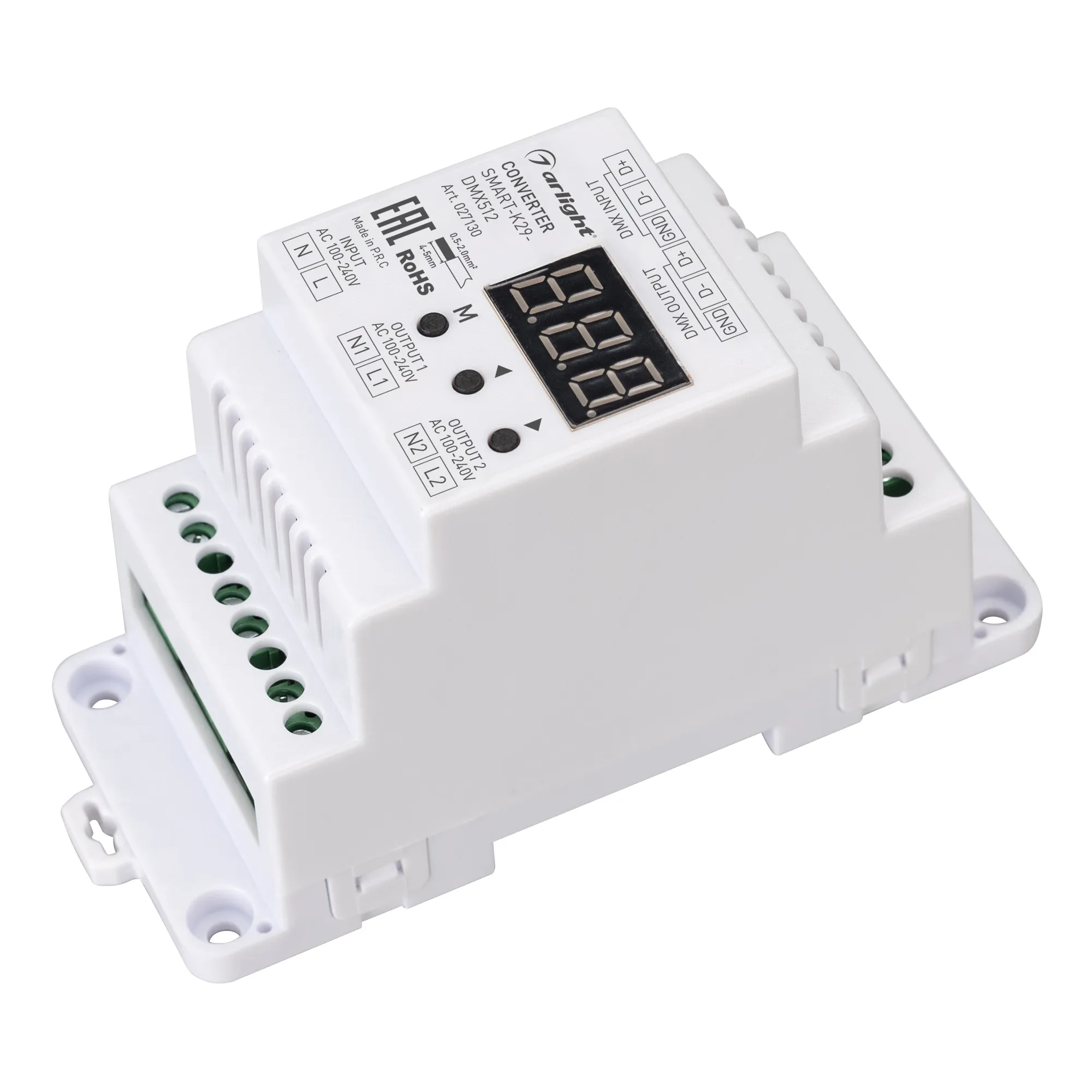 Конвертер SMART-K29-DMX512 (230V, 2x1.2A, TRIAC, DIN) (Arlight, Пластик) - Изображение