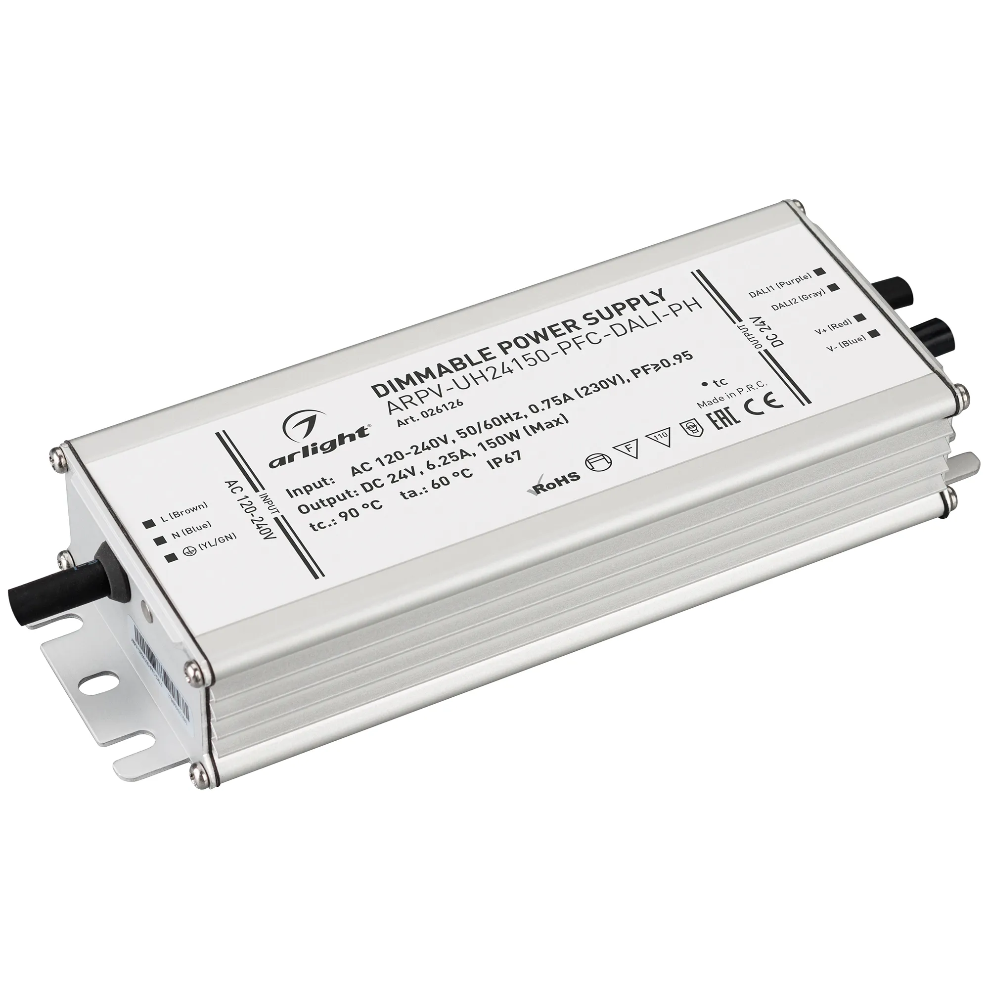 Блок питания ARPV-UH24150-PFC-DALI-PH (24V, 6.3A, 150W) (Arlight, IP67 Металл, 7 лет) - Изображение