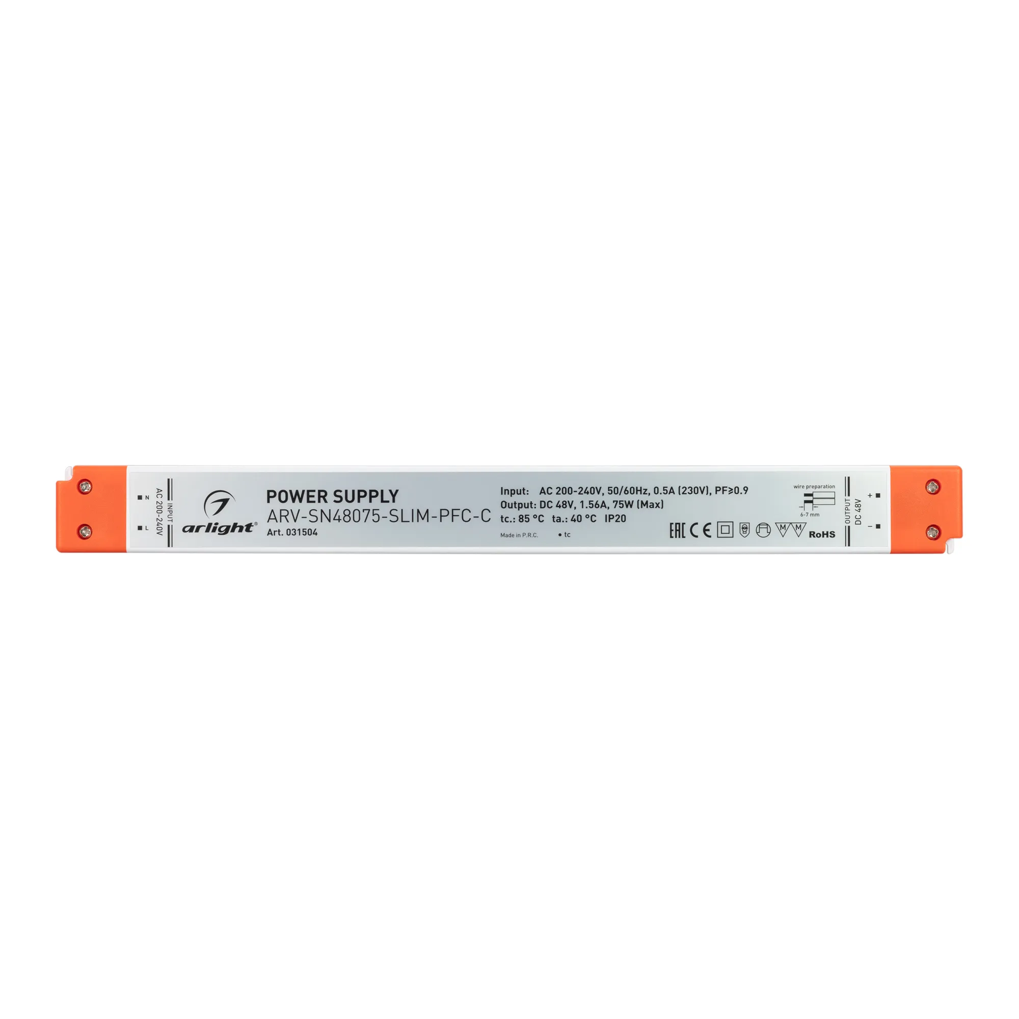 Блок питания ARV-SN48075-SLIM-PFC-C (48V, 1.56A, 75W) (Arlight, IP20 Пластик, 3 года) - Изображение