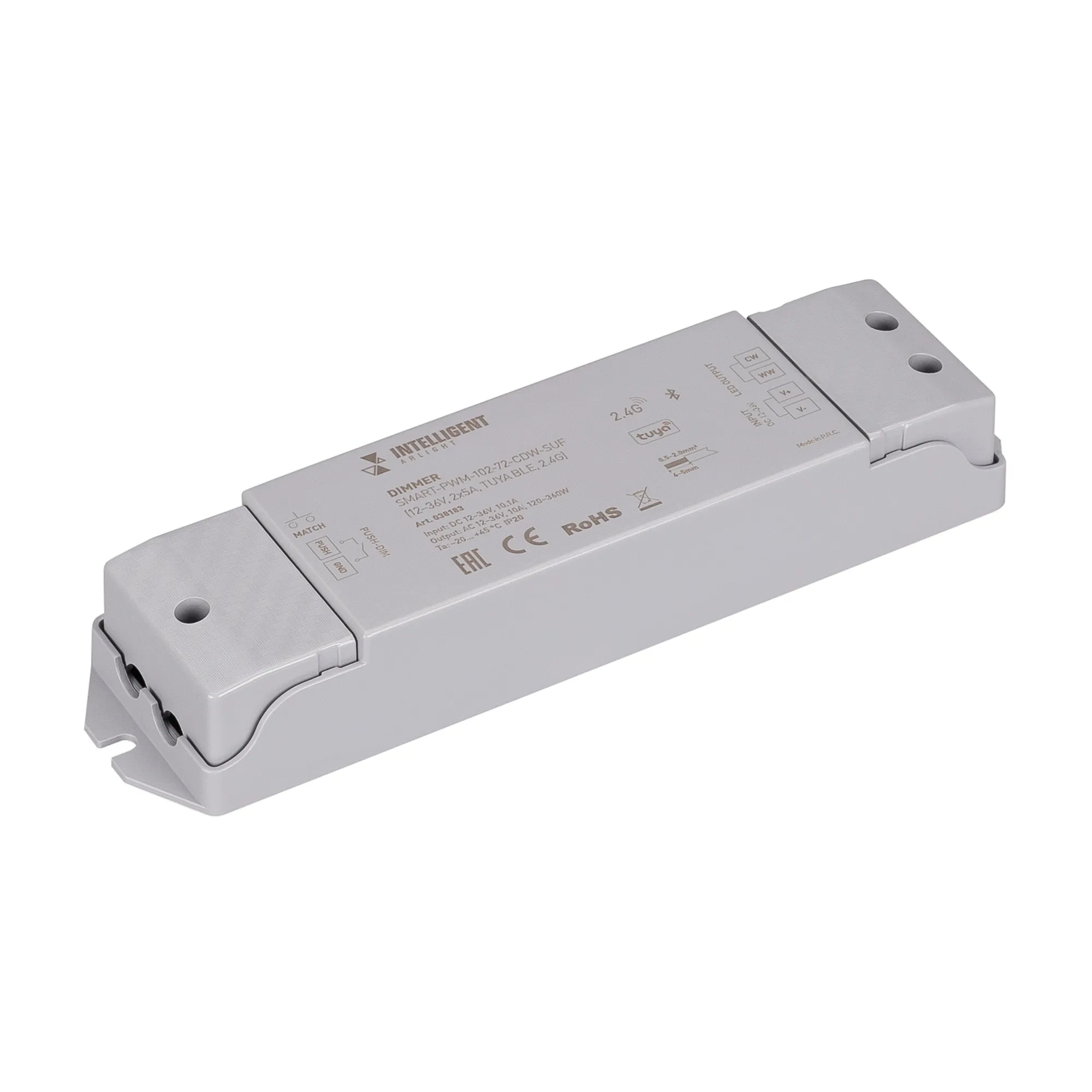 INTELLIGENT ARLIGHT Диммер SMART-PWM-102-72-CDW-SUF (12-36V, 2x5A, TUYA BLE, 2.4G) (IARL, IP20 Пластик, 5 лет) - Изображение