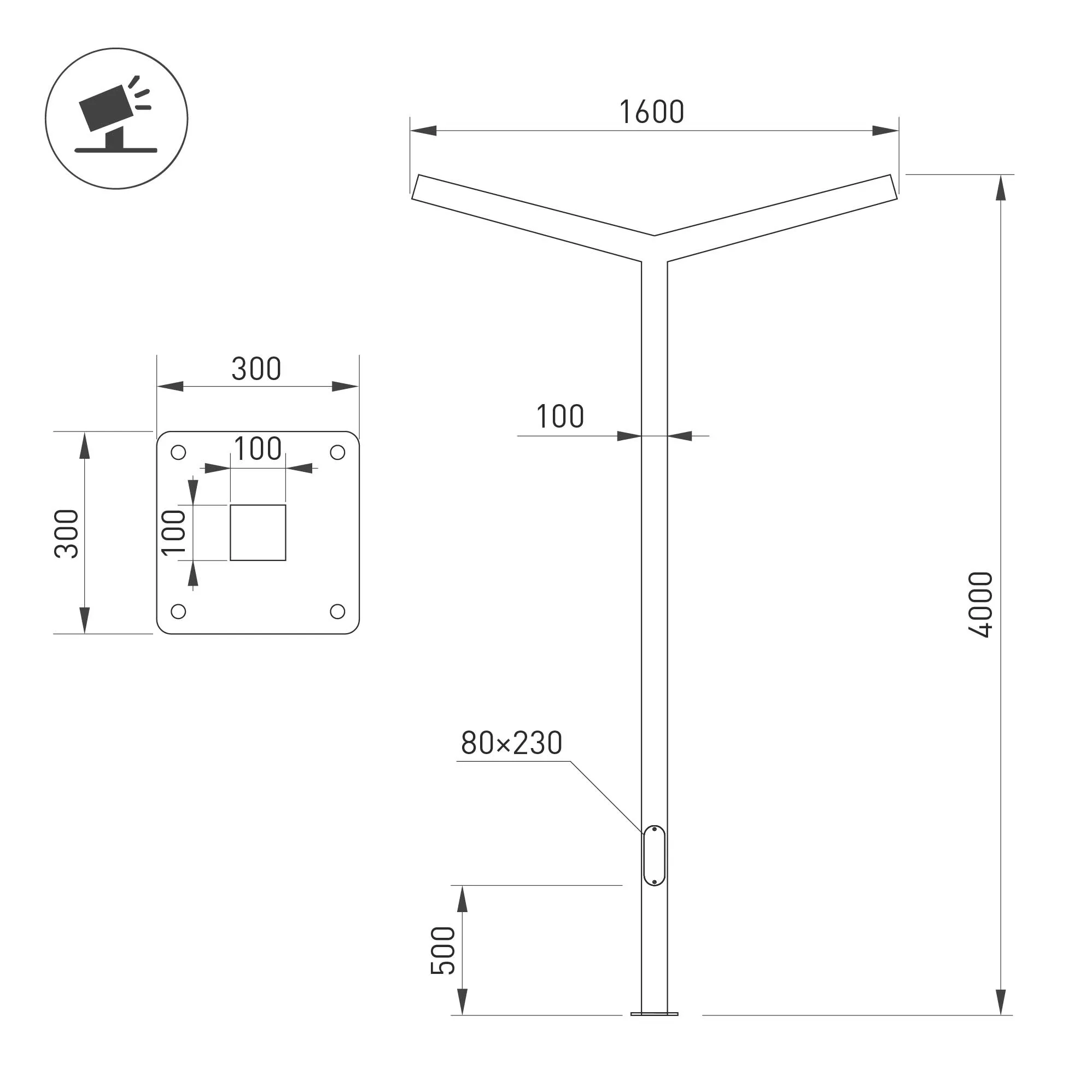 Опора OXOR-STER-Y-2000x100x100-L4000-100W Warm3000 (BK, 230V) IP65 (Arlight, Сталь) - Изображение