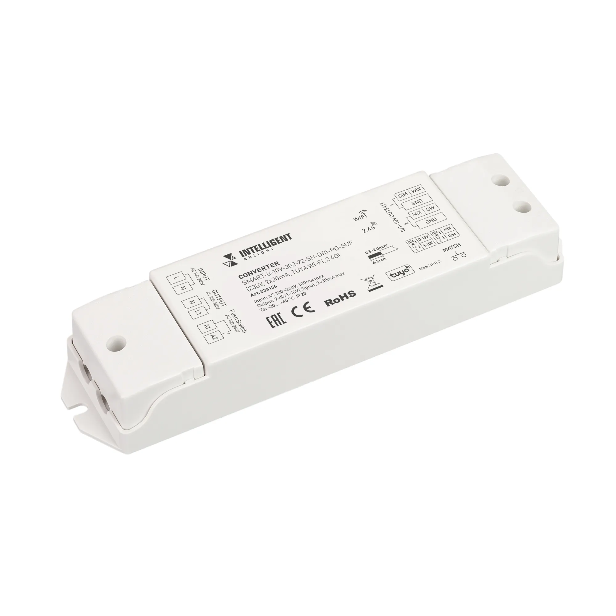 INTELLIGENT ARLIGHT Конвертер SMART-0-10V-302-72-SH-DRI-PD-SUF (230V, 2x20mA, TUYA Wi-Fi, 2.4G) (IARL, IP20 Пластик, 5 лет) - Изображение