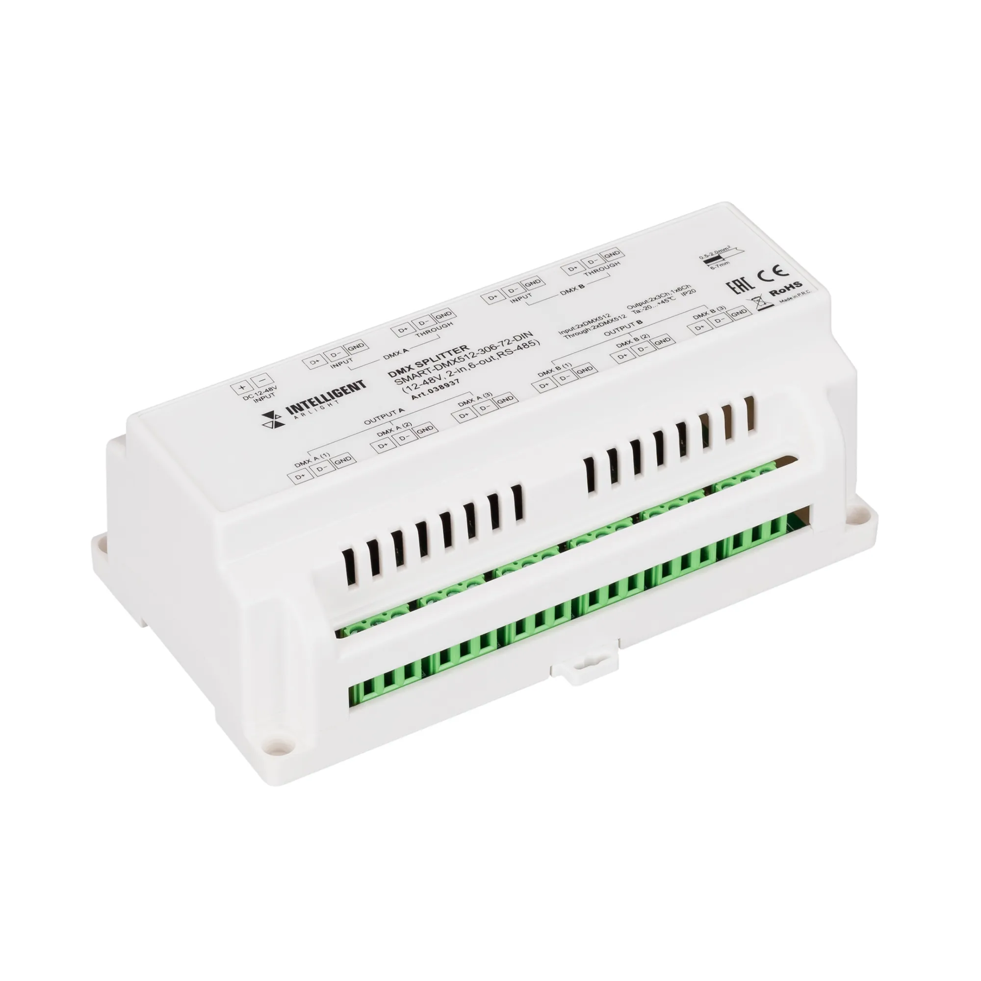 INTELLIGENT ARLIGHT Сплиттер SMART-DMX512-306-72-DIN (12-48V, 2-in, 6-out, RS-485) (IARL, IP20 Металл, 5 лет) - Изображение