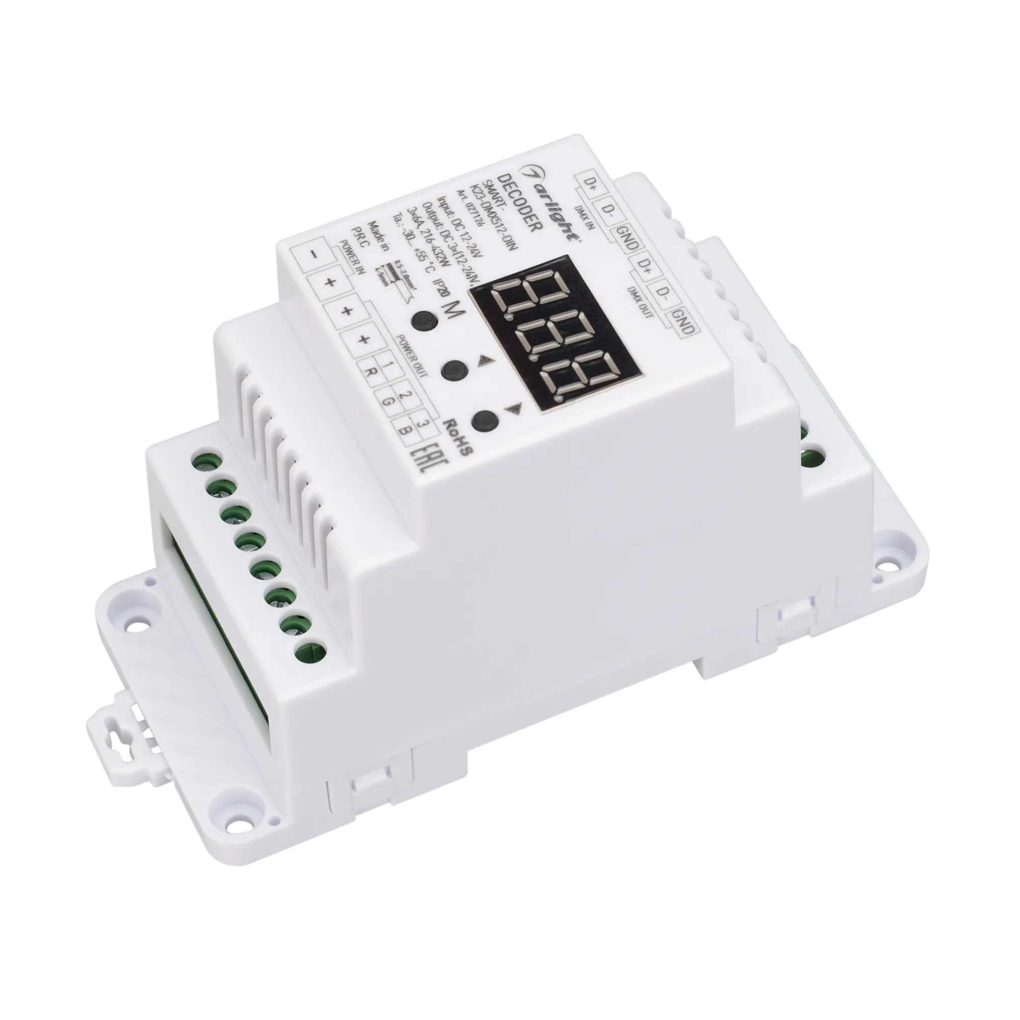 Декодер SMART-K23-DMX512-DIN (12-24V, 3x6A) (Arlight, IP20 Пластик, 5 лет) - Изображение