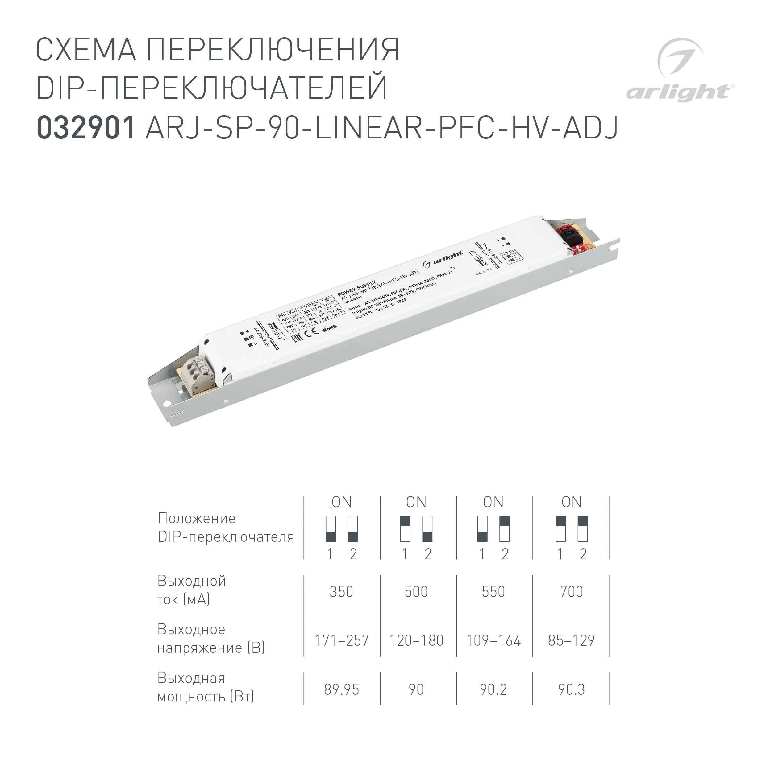 Блок питания ARJ-SP-90-LINEAR-PFC-HV-ADJ (90W, 350-700mA) (Arlight, IP20 Металл, 5 лет) - Изображение