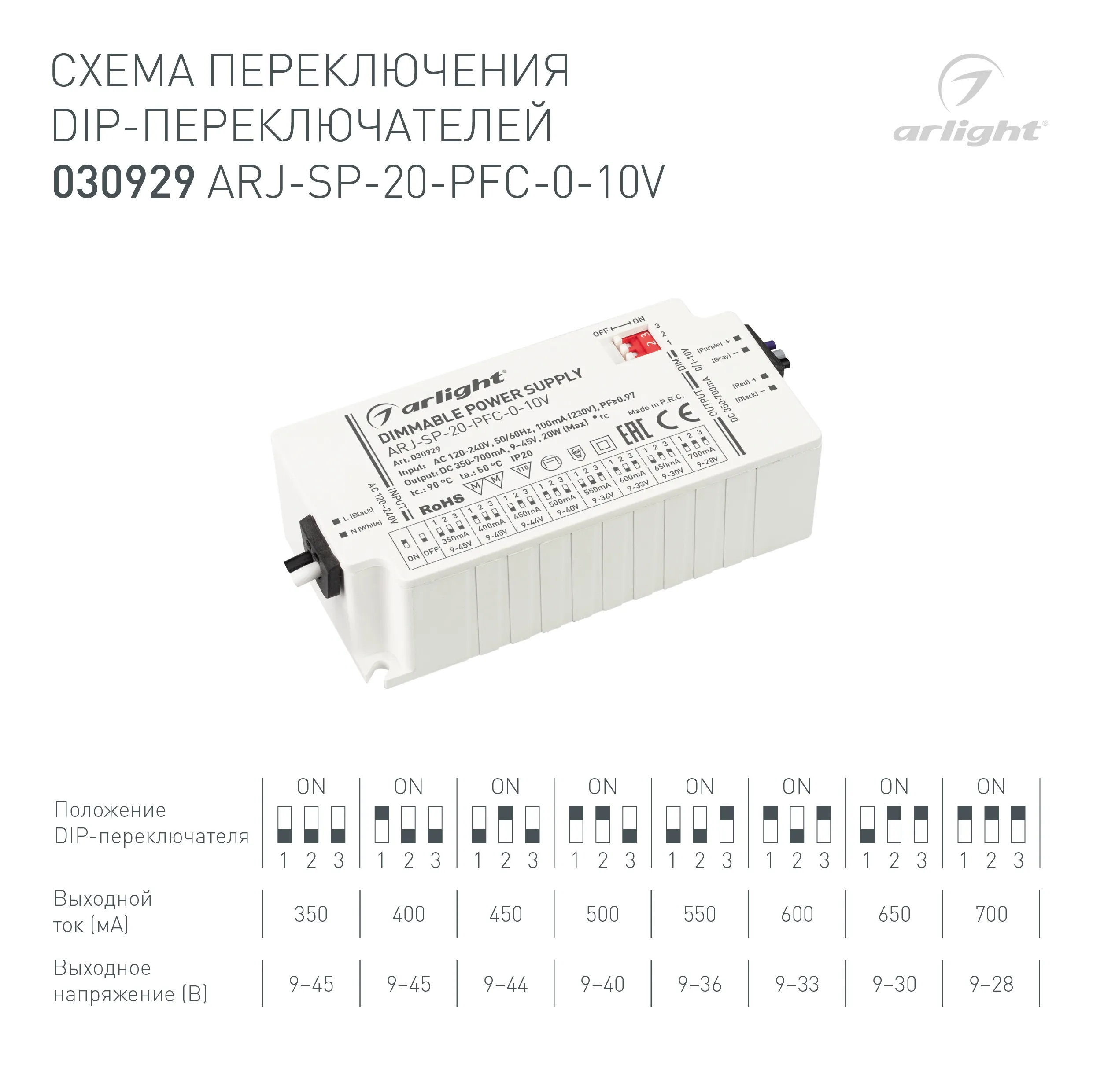 Блок питания ARJ-SP-20-PFC-0-10V (20W, 350-700mA) (Arlight, IP20 Пластик, 5 лет) - Изображение