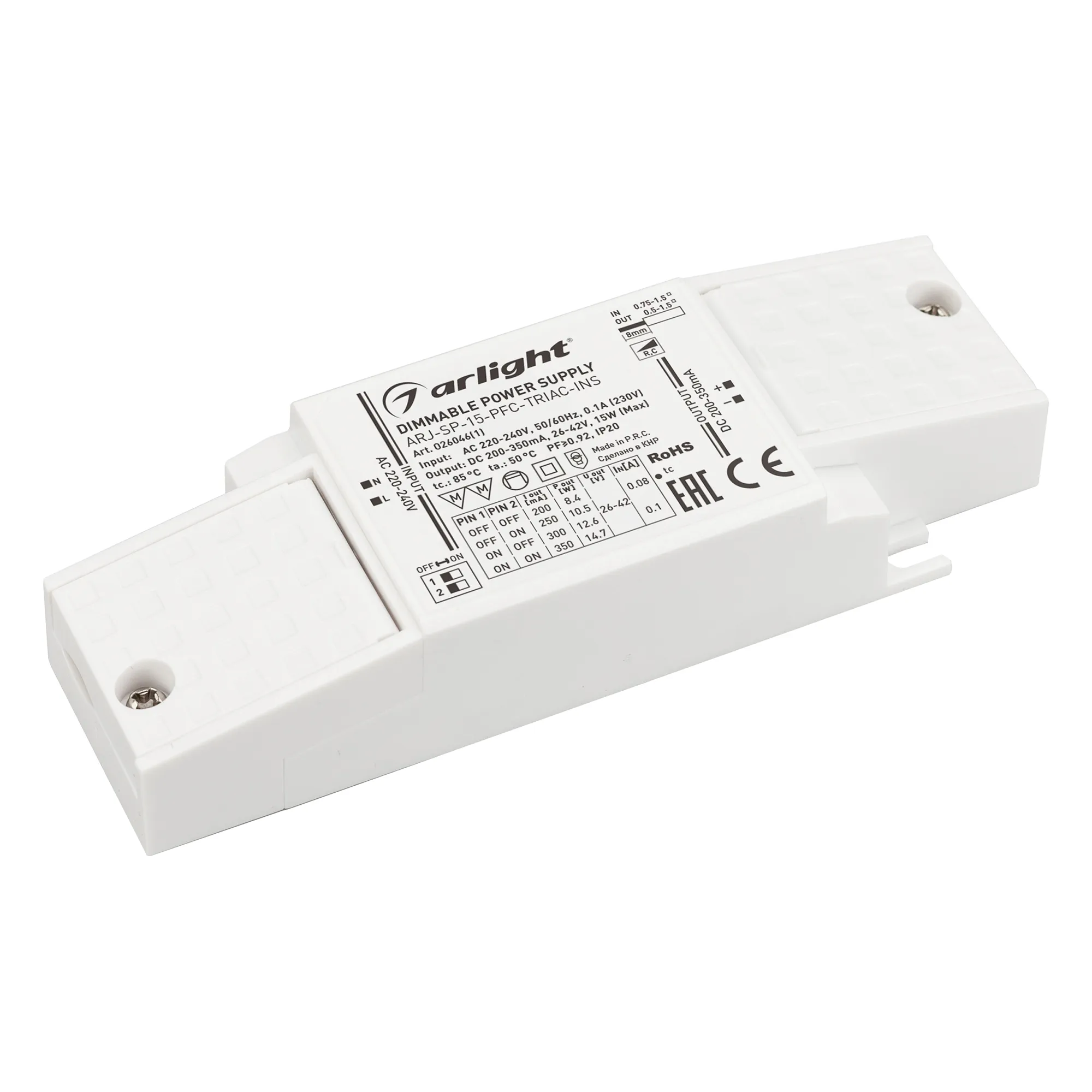 Блок питания ARJ-SP-15-PFC-TRIAC-INS (15W, 26-42V, 0.2-0.35A) (Arlight, IP20 Пластик, 5 лет) - Изображение