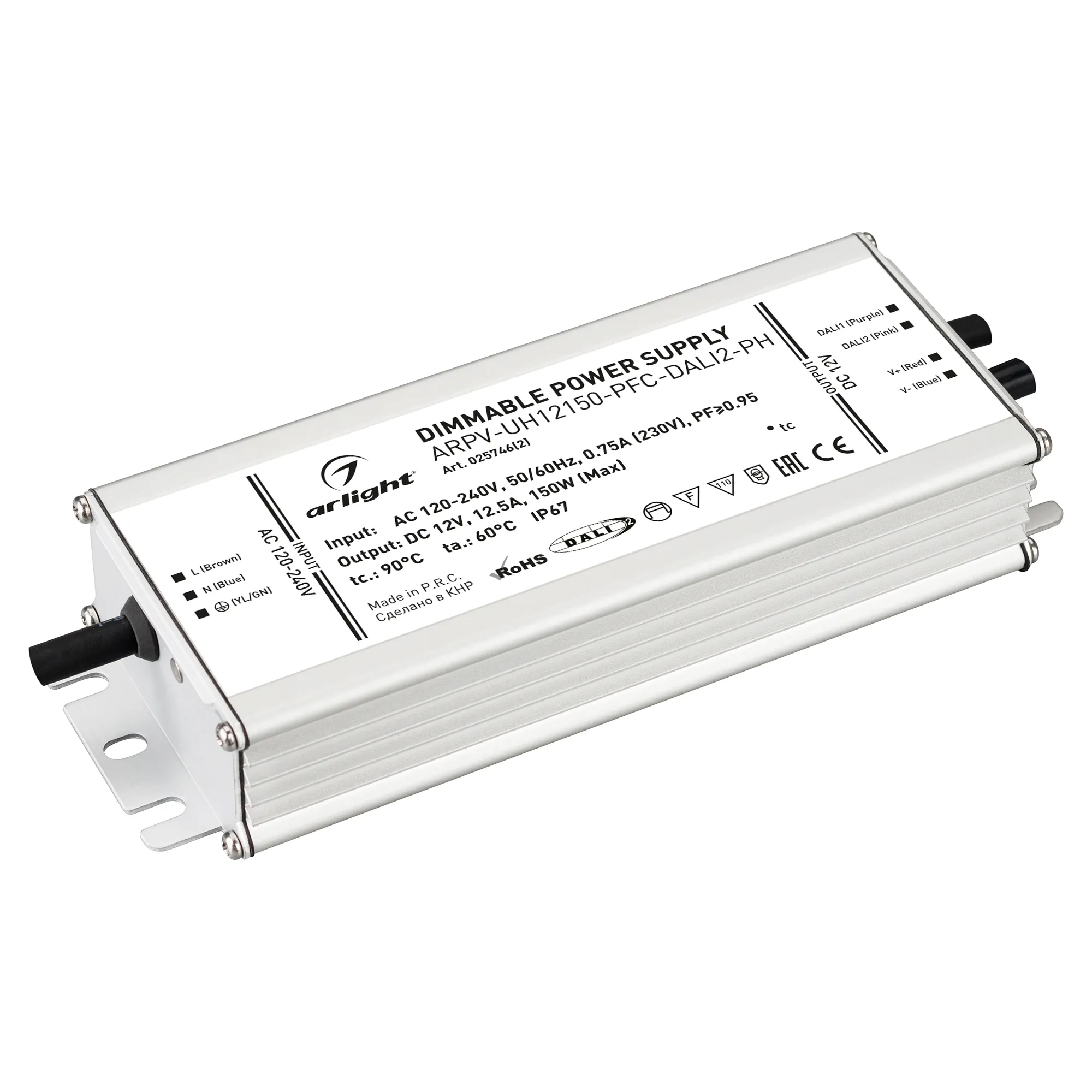 Блок питания ARPV-UH12150-PFC-DALI2-PH (12V, 12.5A, 150W) (Arlight, IP67 Металл, 7 лет) - Изображение