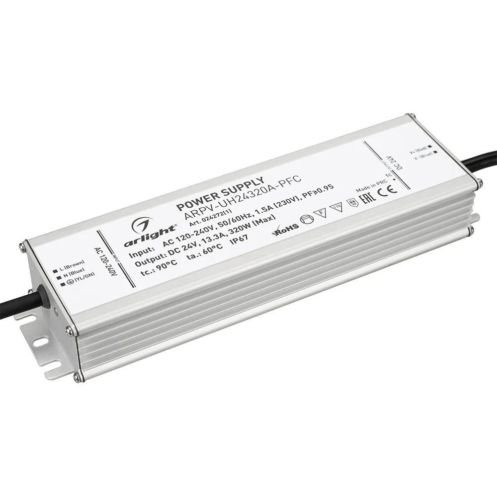 Блок питания ARPV-UH24320A-PFC (24V, 13.3A, 320W) (Arlight, IP67 Металл, 7 лет) - Изображение