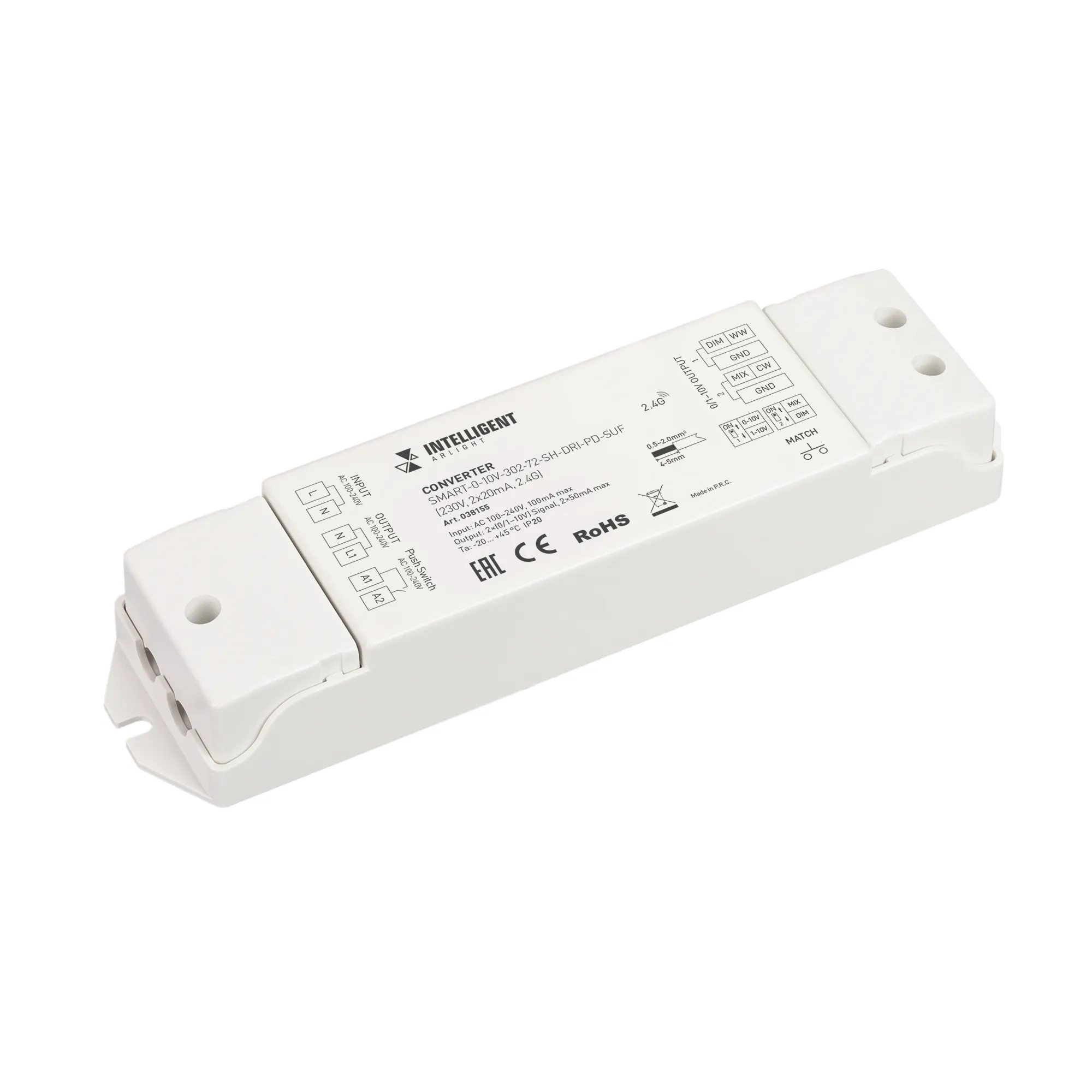 INTELLIGENT ARLIGHT Конвертер SMART-0-10V-302-72-SH-DRI-PD-SUF (230V, 2x20mA, 2.4G) (IARL, IP20 Пластик, 5 лет) - Изображение