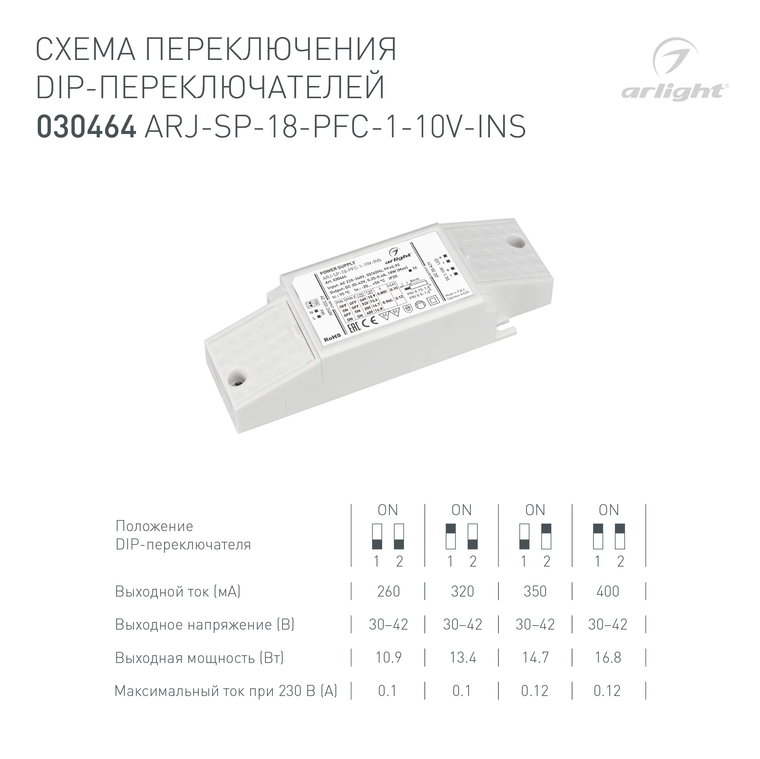 Блок питания ARJ-SP-18-PFC-1-10V-INS (18W, 250-400mA) (Arlight, IP20 Пластик, 5 лет) - Изображение