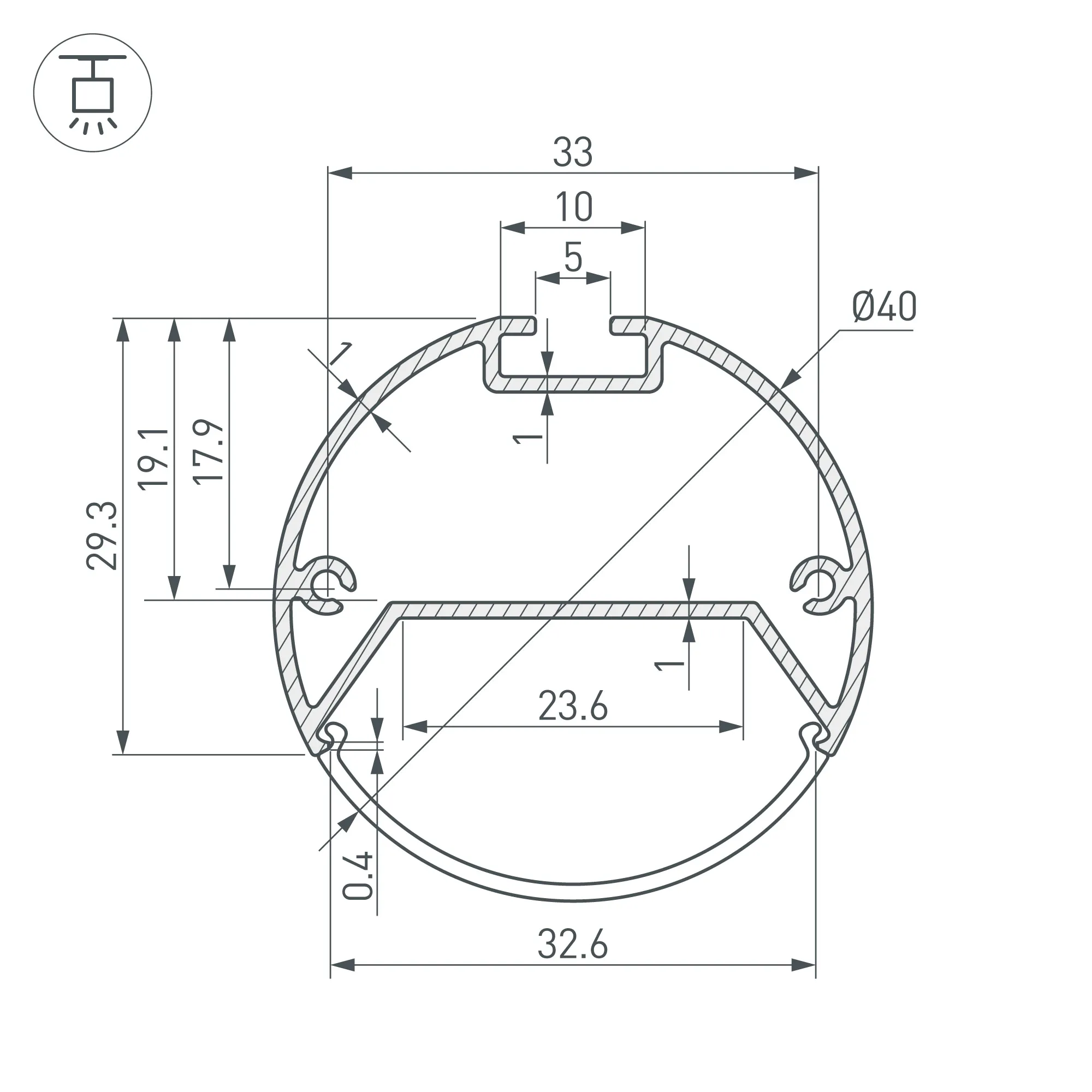 Профиль с экраном SL-ROUND-D40-2500 ANOD+OPAL (Arlight, Алюминий) - Изображение