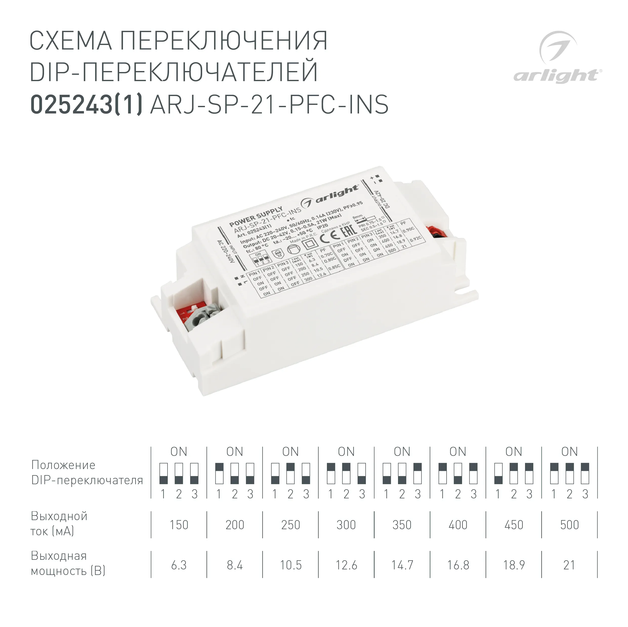 Блок питания ARJ-SP-21-PFC-INS (21W, 20-42V, 0.15-0.5A) (Arlight, IP20 Пластик, 5 лет) - Изображение