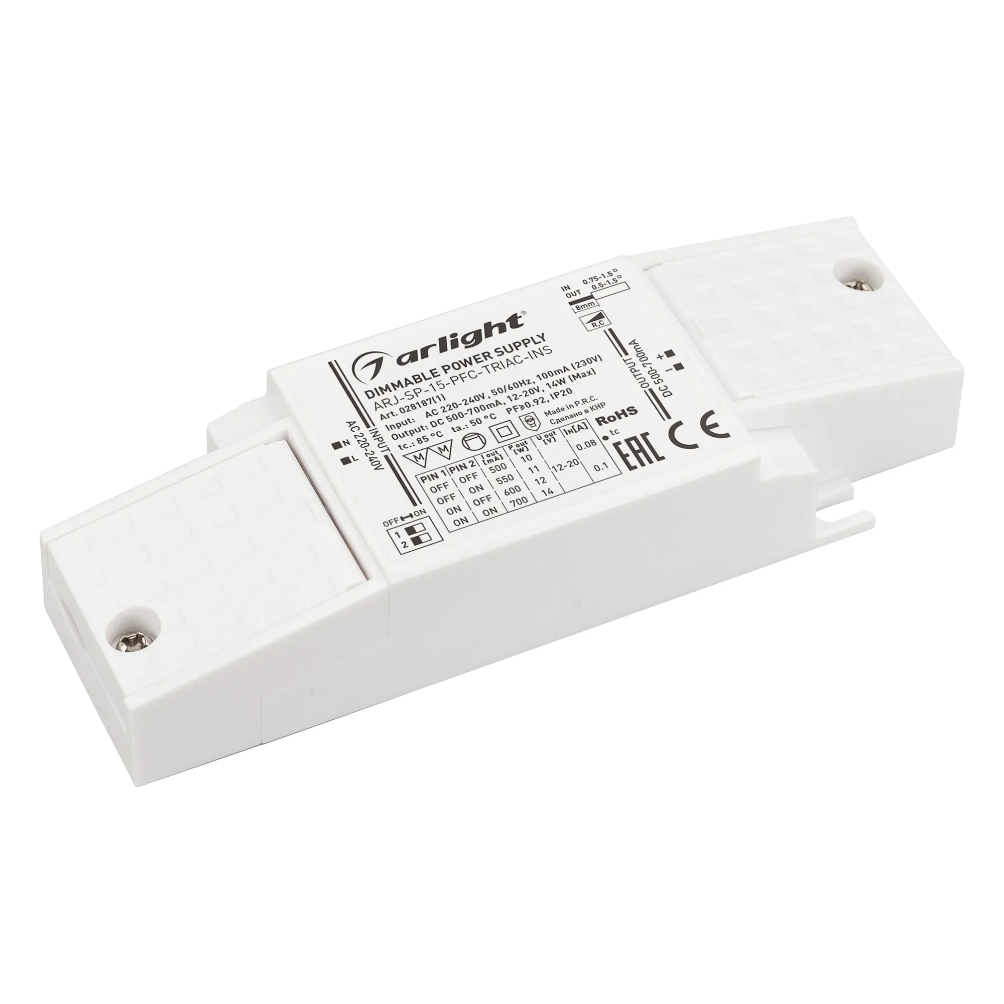 Блок питания ARJ-SP-15-PFC-TRIAC-INS (14W, 12-20V, 0.5-0.7A) (Arlight, IP20 Пластик, 5 лет) - Изображение