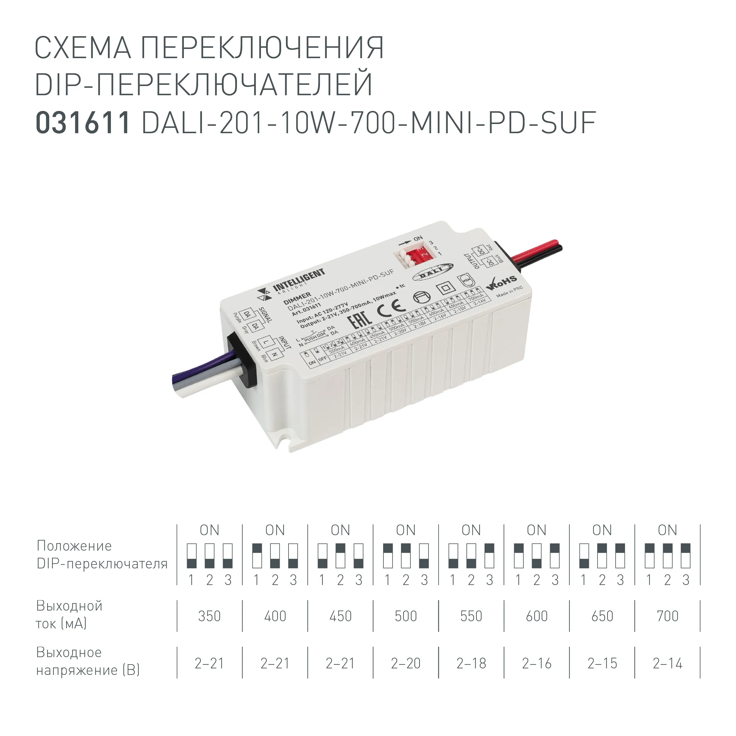 INTELLIGENT ARLIGHT Диммер DALI-201-10W-700-MINI-PD-SUF (230V, 350-700mА) (IARL, IP20 Пластик, 5 лет) - Изображение